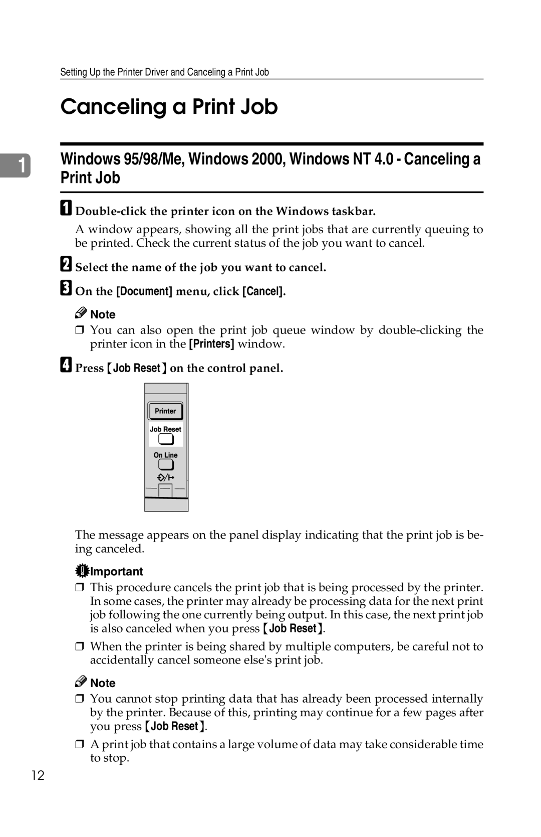 Savin 1013 operating instructions Canceling a Print Job, Double-click the printer icon on the Windows taskbar 