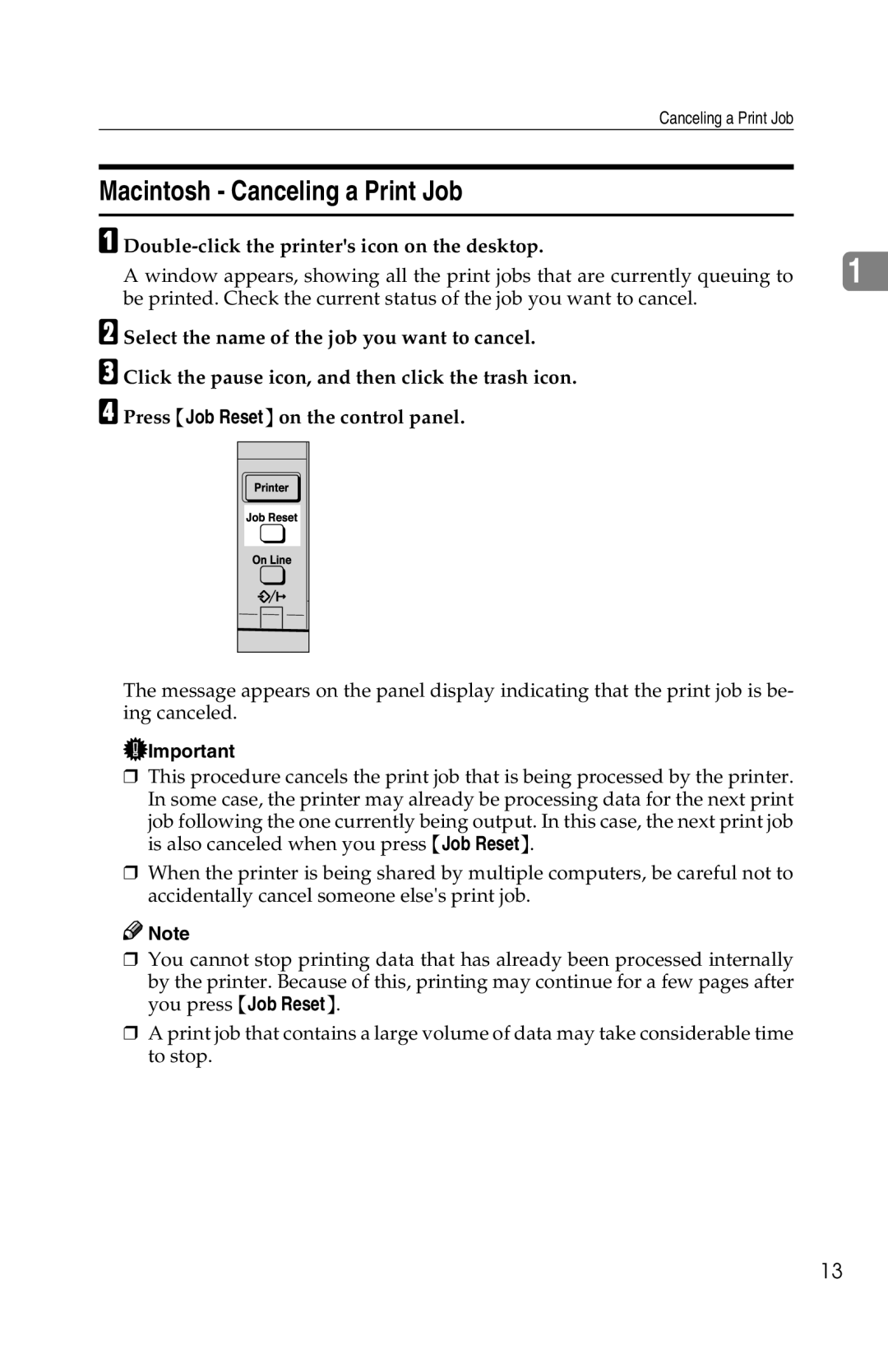 Savin 1013 operating instructions Macintosh Canceling a Print Job, Double-click the printers icon on the desktop 