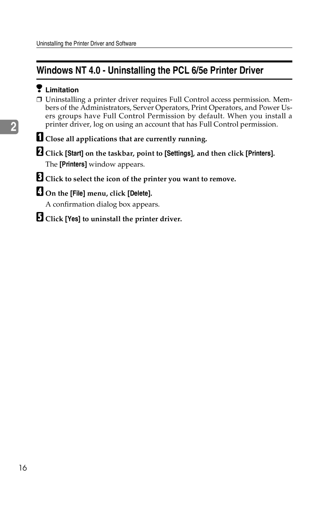 Savin 1013 operating instructions Windows NT 4.0 Uninstalling the PCL 6/5e Printer Driver 