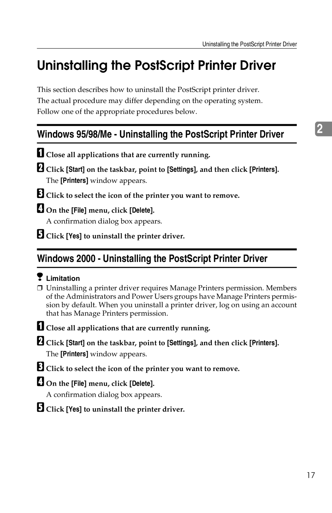 Savin 1013 operating instructions Windows 2000 Uninstalling the PostScript Printer Driver 