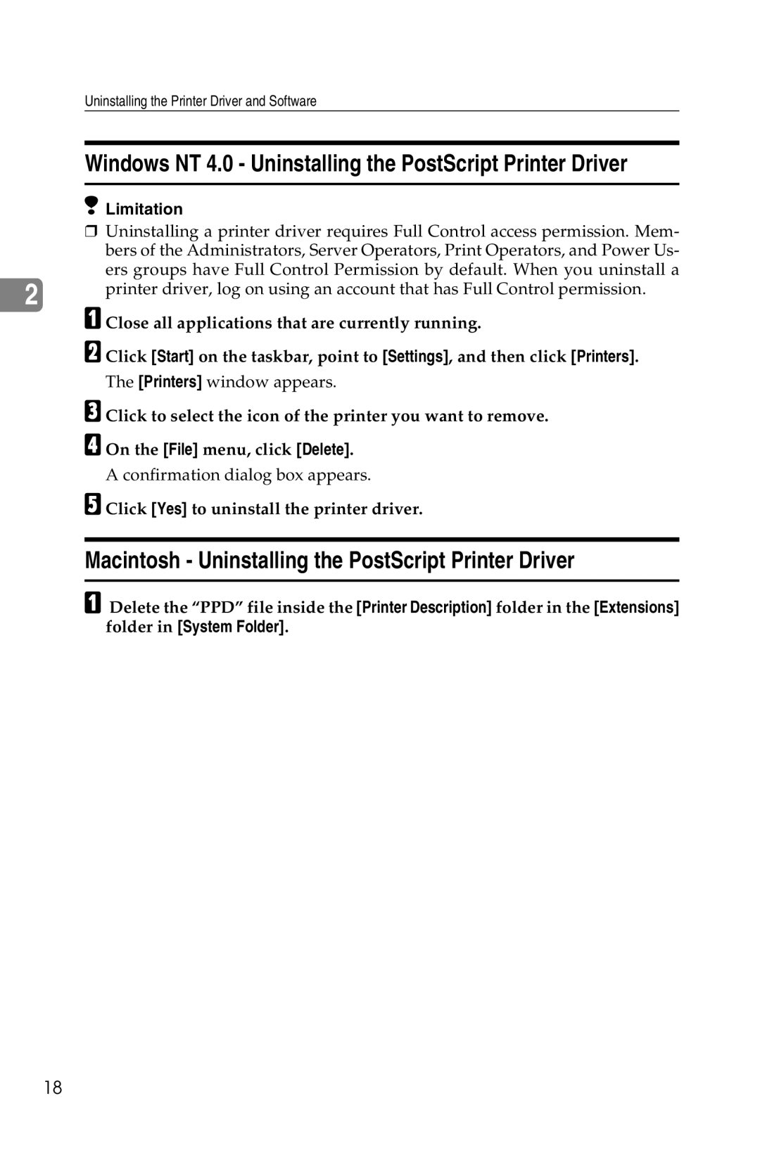 Savin 1013 Windows NT 4.0 Uninstalling the PostScript Printer Driver, Macintosh Uninstalling the PostScript Printer Driver 