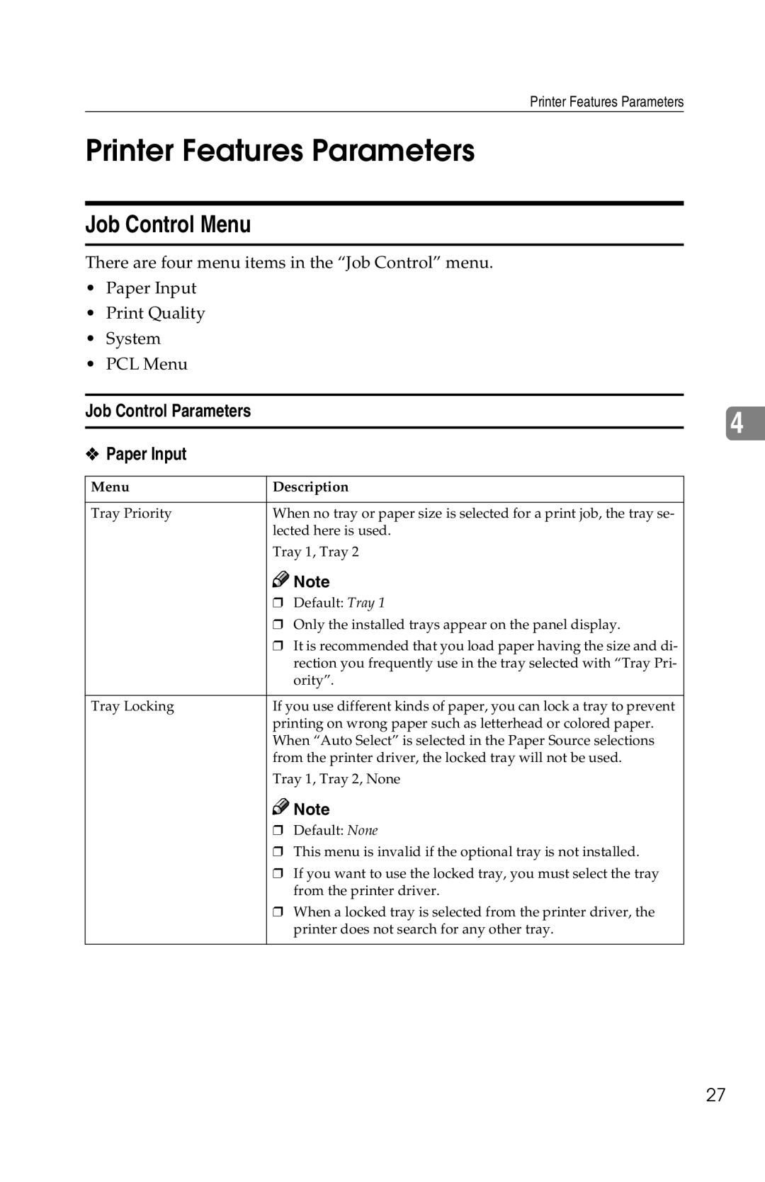 Savin 1013 Printer Features Parameters, Job Control Menu, Job Control Parameters Paper Input, Menu Description 