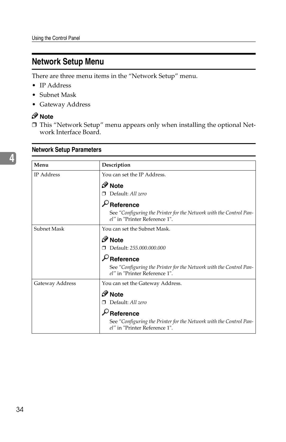 Savin 1013 Network Setup Menu, Network Setup Parameters, Menu Description IP Address You can set the IP Address 