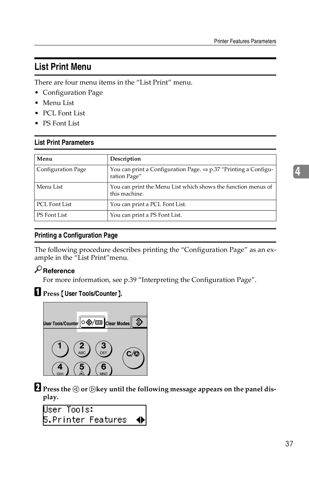 Savin 1013 operating instructions List Print Menu, List Print Parameters, Printing a Configuration 