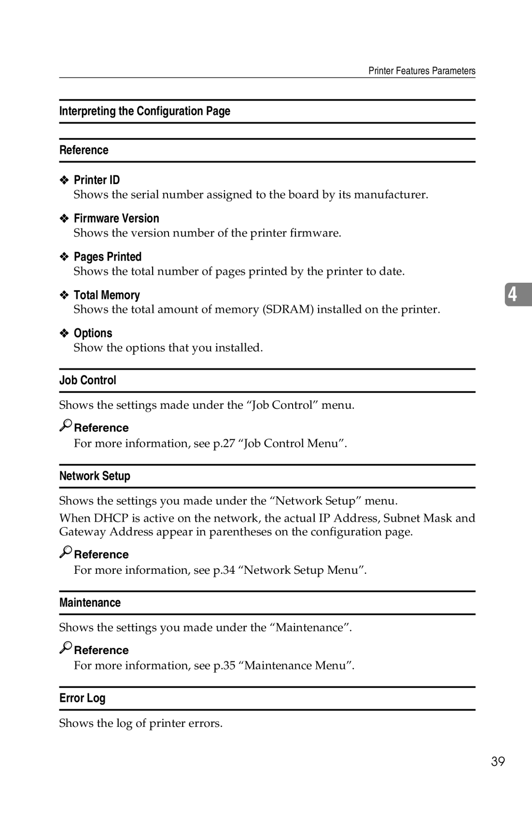 Savin 1013 Interpreting the Configuration Reference Printer ID, Firmware Version, Pages Printed, Total Memory, Options 