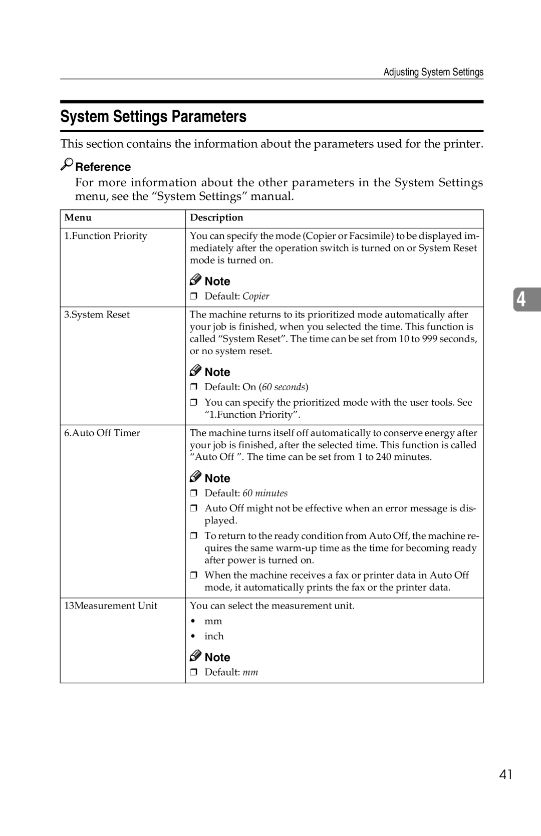 Savin 1013 operating instructions System Settings Parameters, Default 60 minutes 