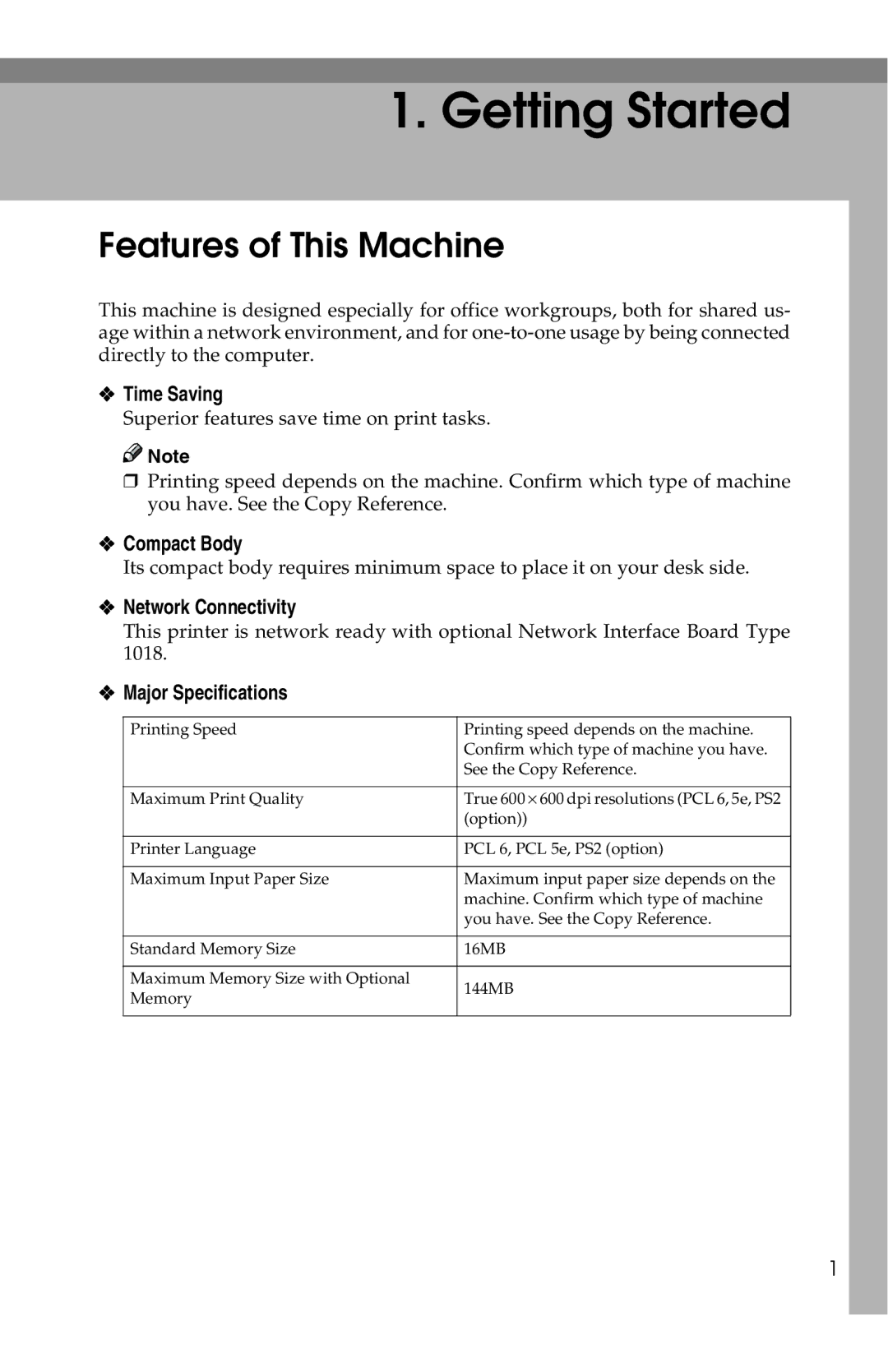 Savin 1013 Features of This Machine, Time Saving, Compact Body, Network Connectivity, Major Specifications 