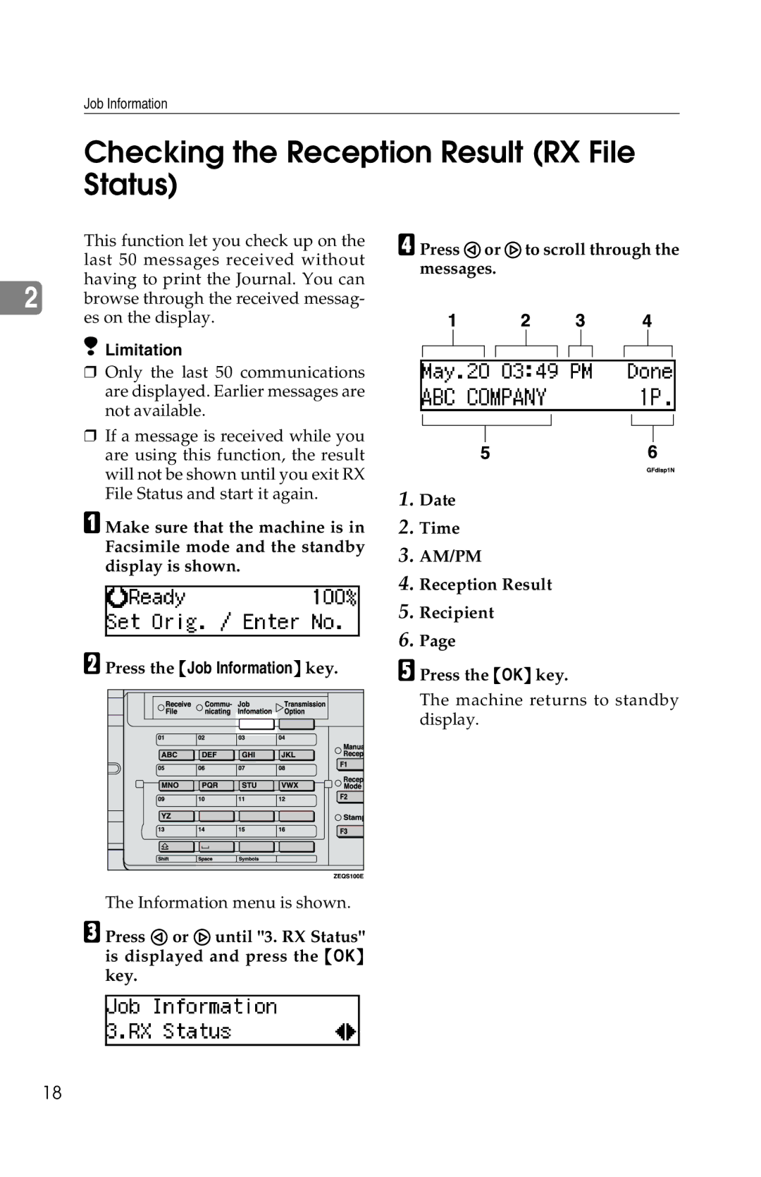 Savin 1018 manual Checking the Reception Result RX File Status 