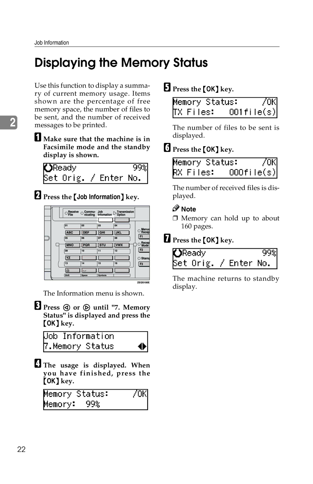 Savin 1018 manual Displaying the Memory Status 