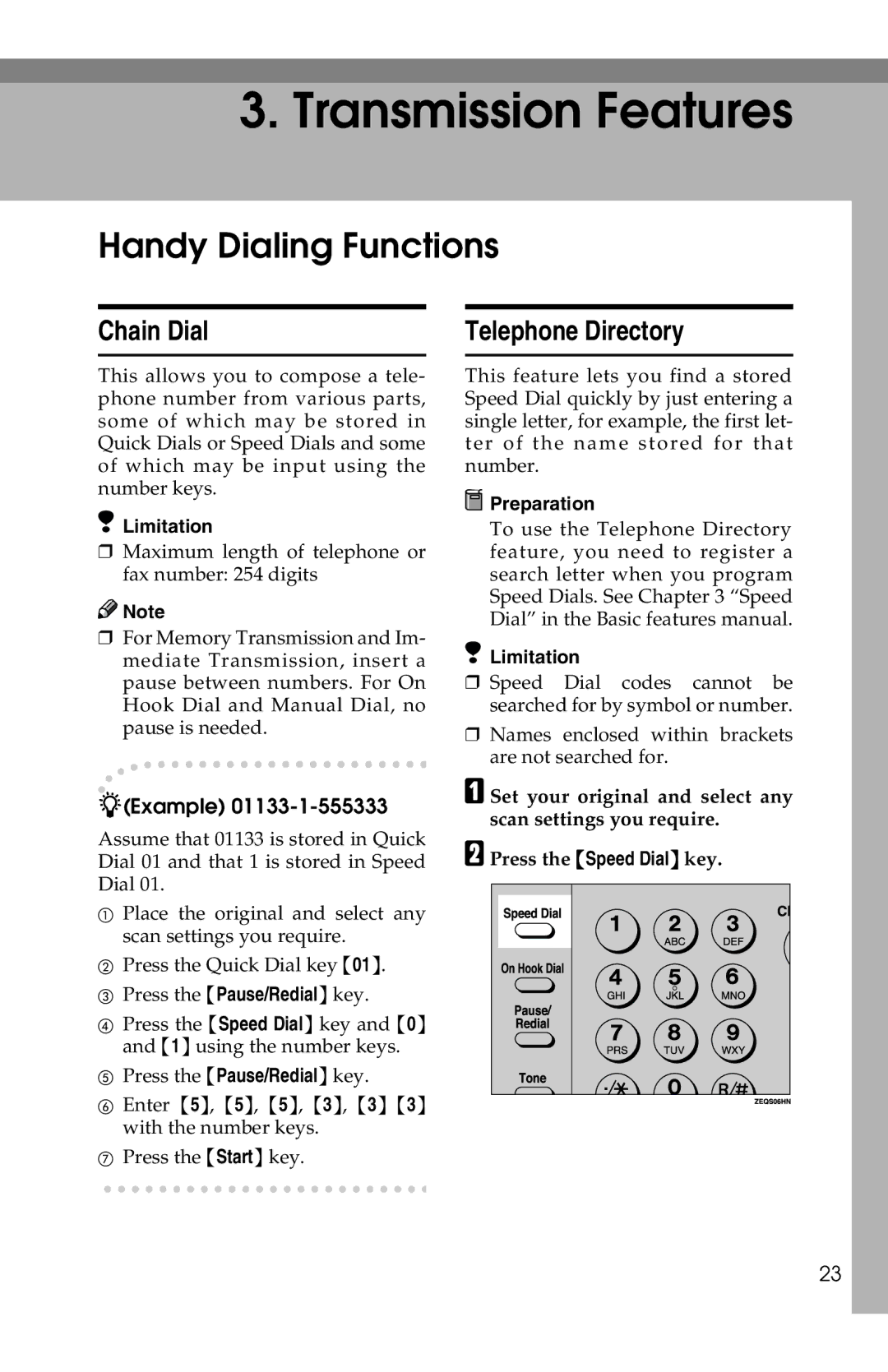 Savin 1018 manual Handy Dialing Functions, Chain Dial, Telephone Directory 