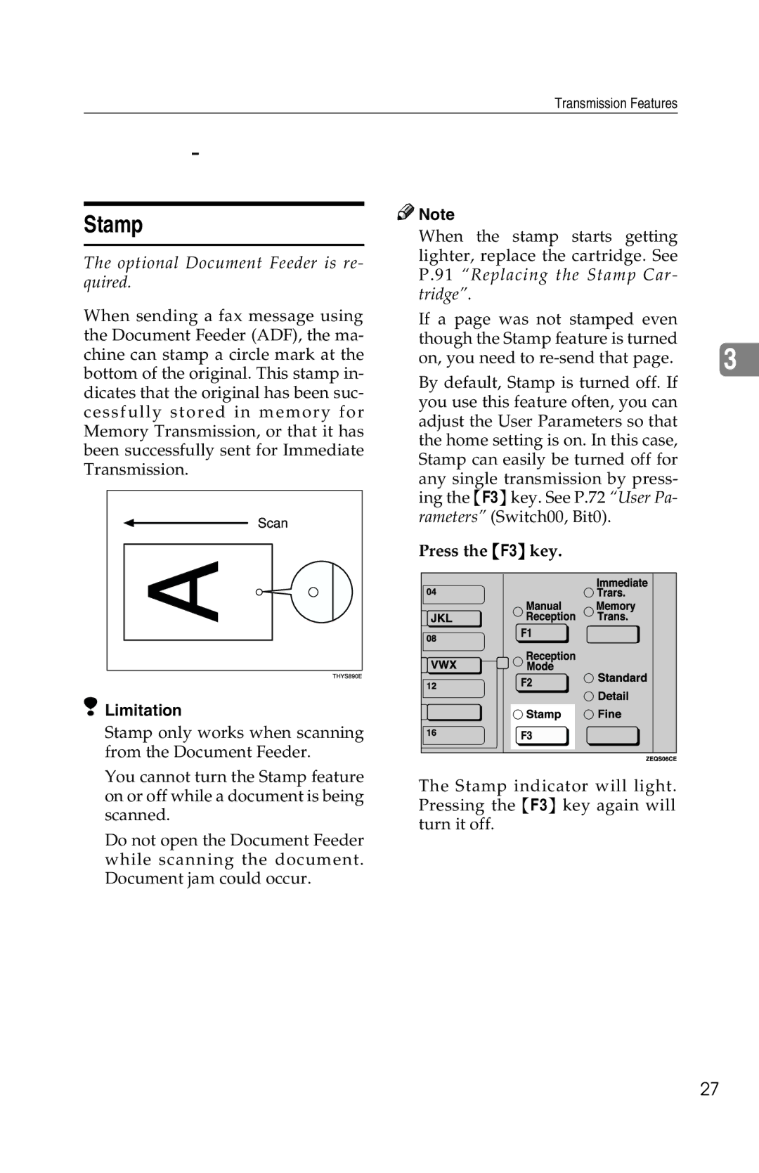 Savin 1018 manual Transmission Features, Stamp, Press the F3 key 