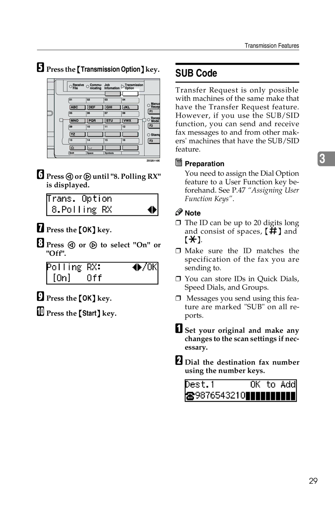 Savin 1018 manual SUB Code, Press the Transmission Optionkey 