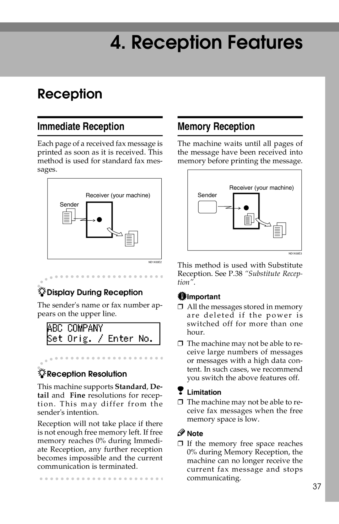 Savin 1018 manual Immediate Reception, Memory Reception 