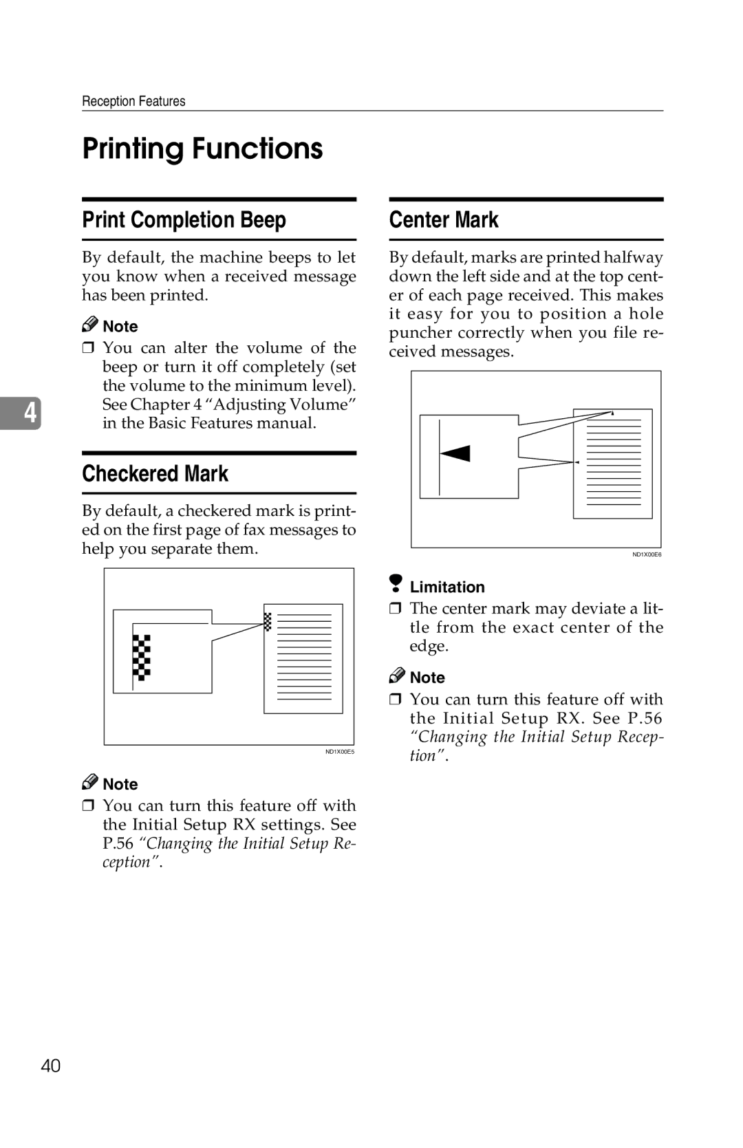 Savin 1018 manual Printing Functions, Print Completion Beep Center Mark, Checkered Mark 