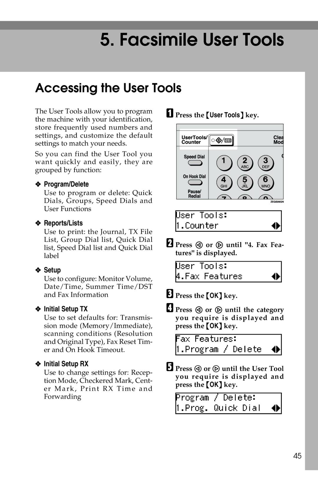 Savin 1018 manual Accessing the User Tools, Program/Delete, Reports/Lists, Initial Setup TX, Initial Setup RX 