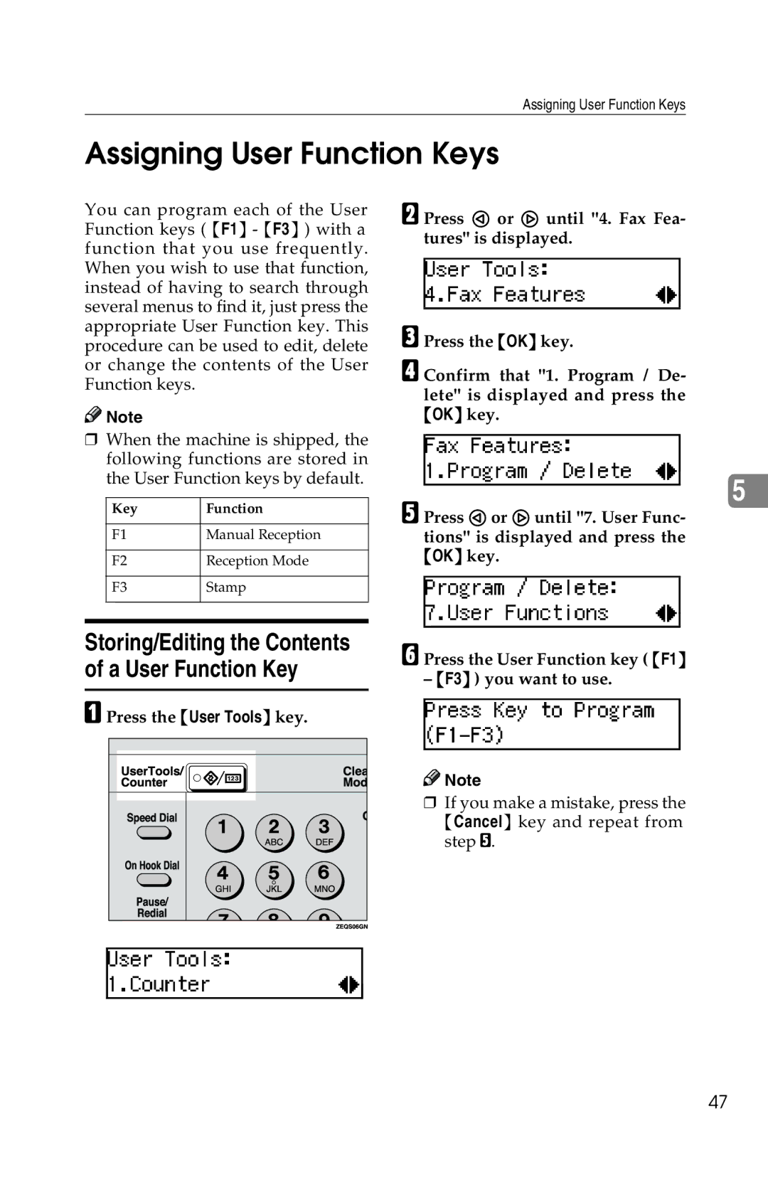 Savin 1018 manual Assigning User Function Keys, Storing/Editing the Contents of a User Function Key 