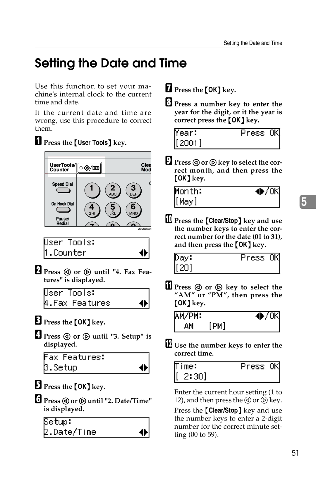 Savin 1018 manual Setting the Date and Time 