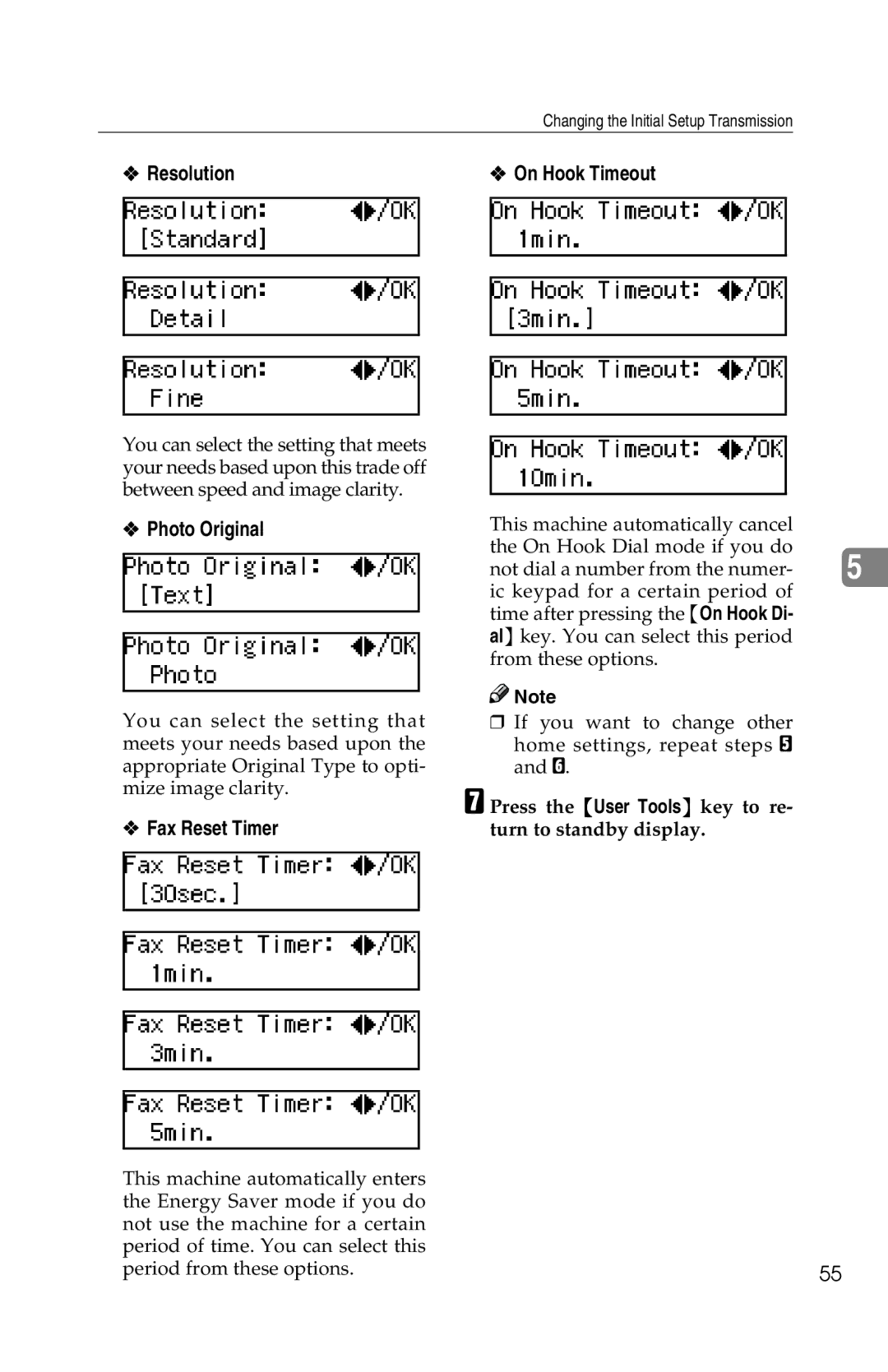 Savin 1018 manual Resolution On Hook Timeout, Photo Original, Fax Reset Timer 