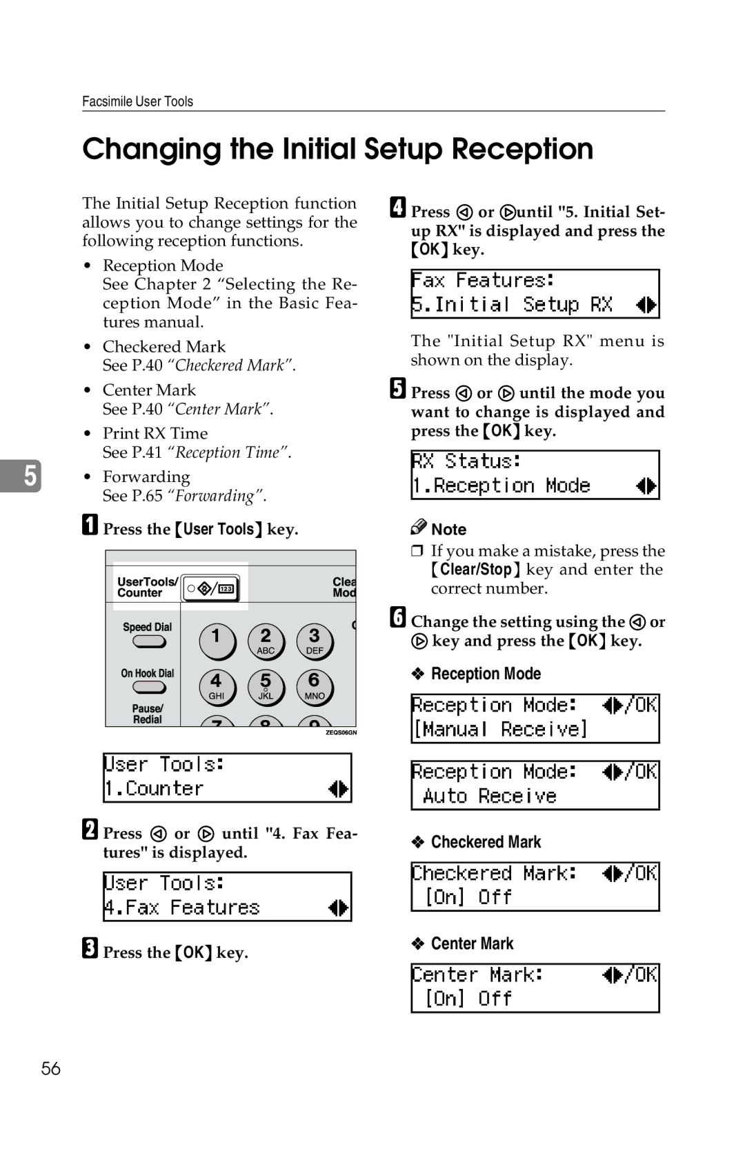 Savin 1018 manual Changing the Initial Setup Reception, Reception Mode, Checkered Mark, Center Mark 