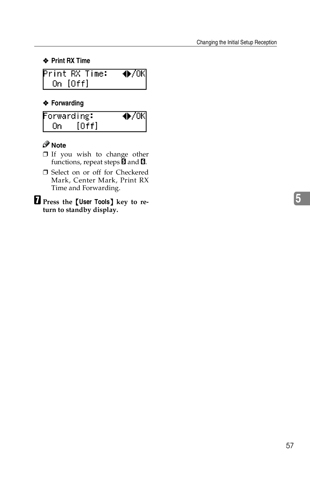 Savin 1018 manual Print RX Time Forwarding, Press the User Tools key to re Turn to standby display 