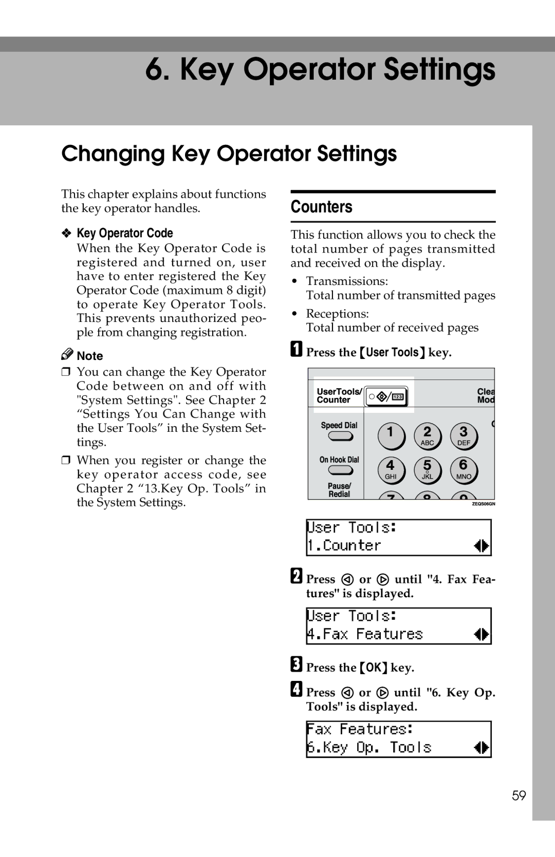 Savin 1018 manual Changing Key Operator Settings, Counters, Key Operator Code 