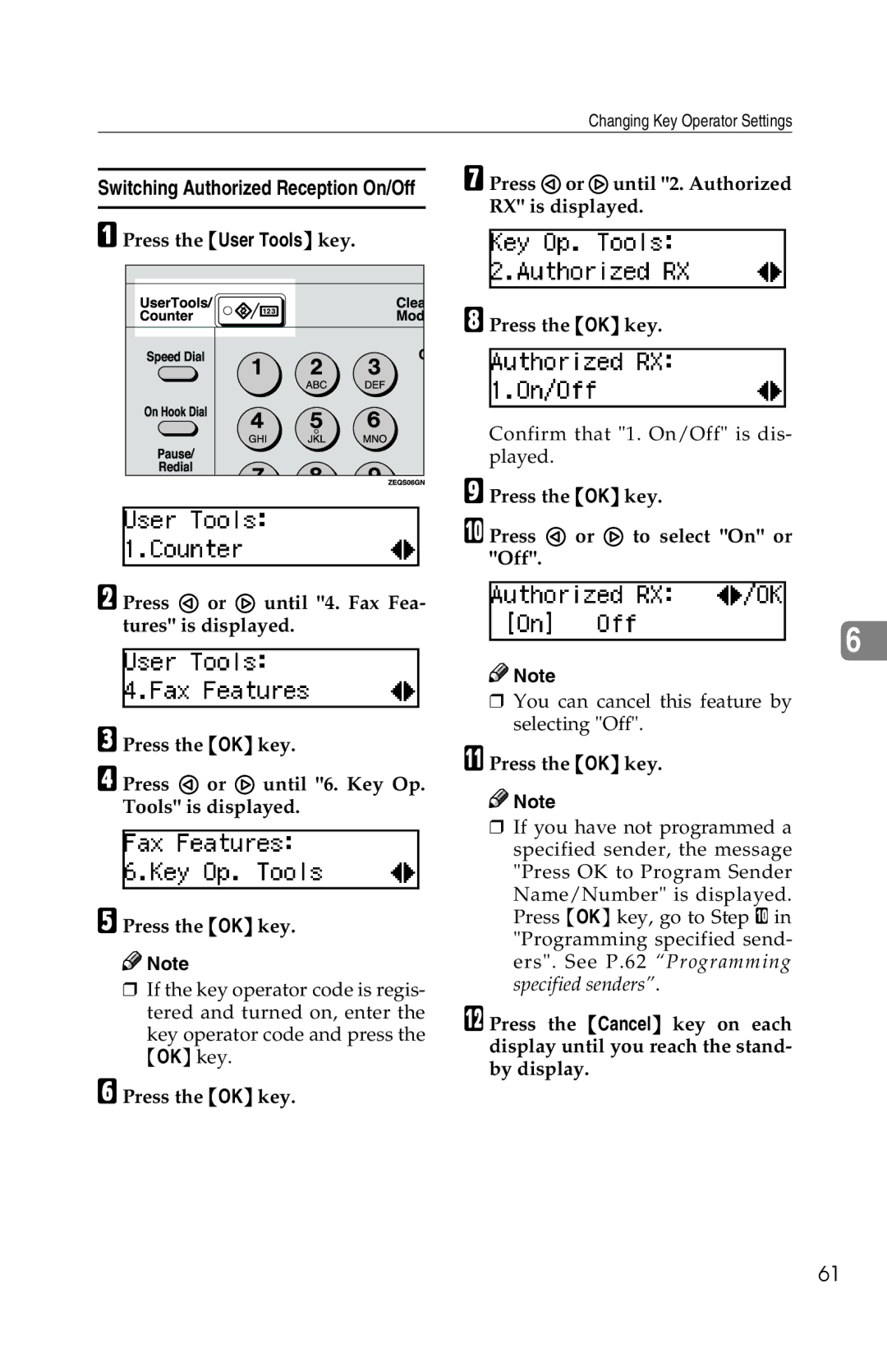 Savin 1018 manual Switching Authorized Reception On/Off, Press the OK key Press 0 or 1 to select On or Off 