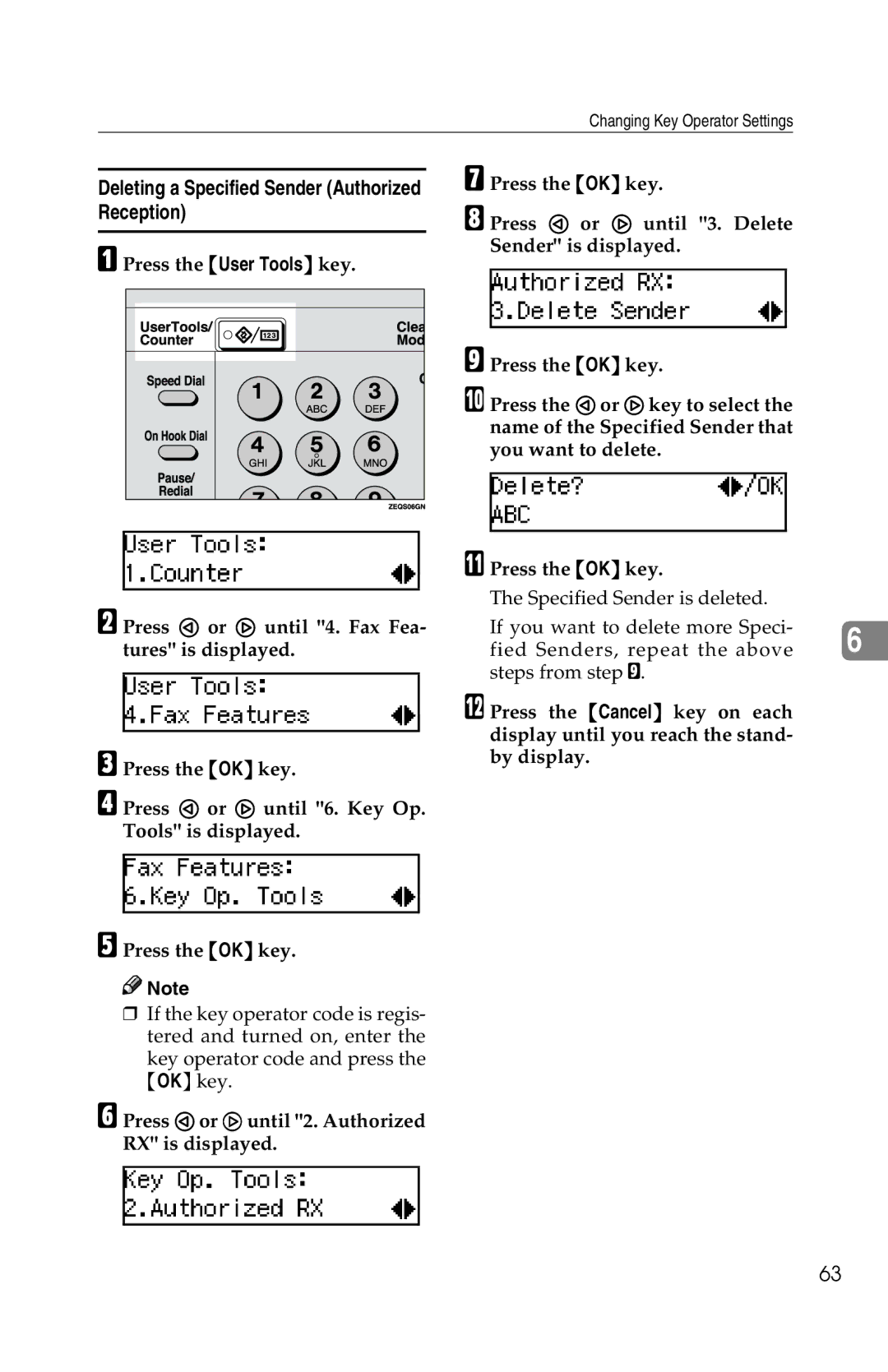 Savin 1018 manual Deleting a Specified Sender Authorized Reception 