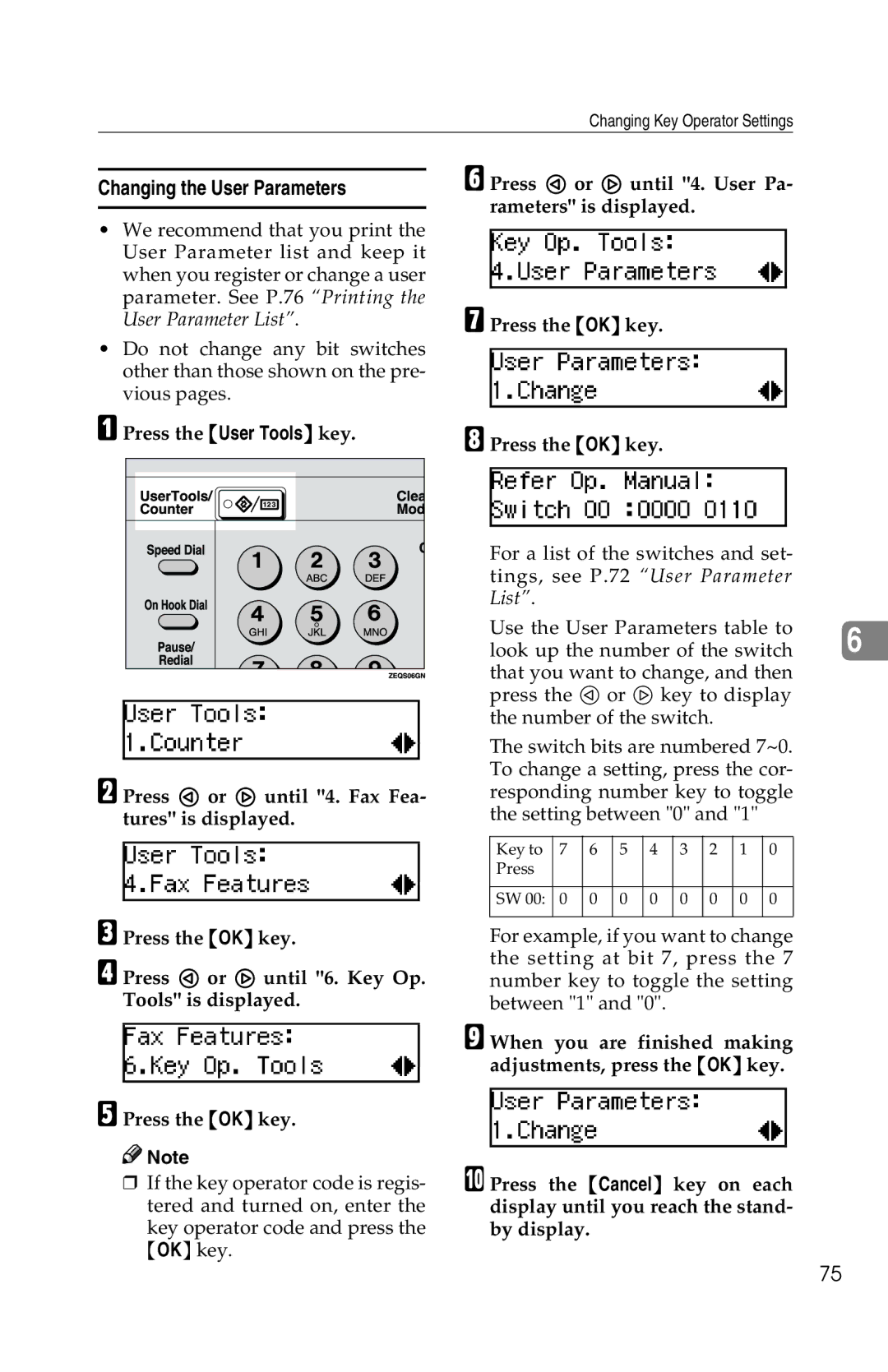 Savin 1018 manual Changing the User Parameters 