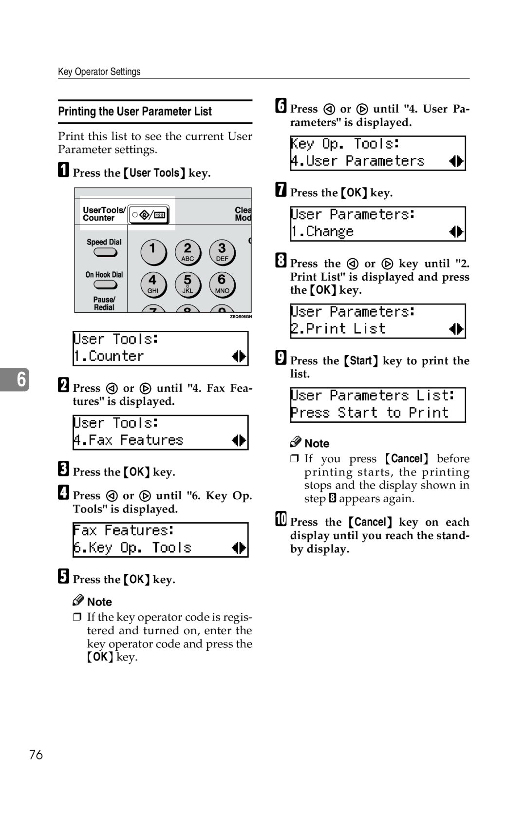 Savin 1018 manual Press 0 or 1 until 4. User Pa, Printing the User Parameter List, Rameters is displayed 