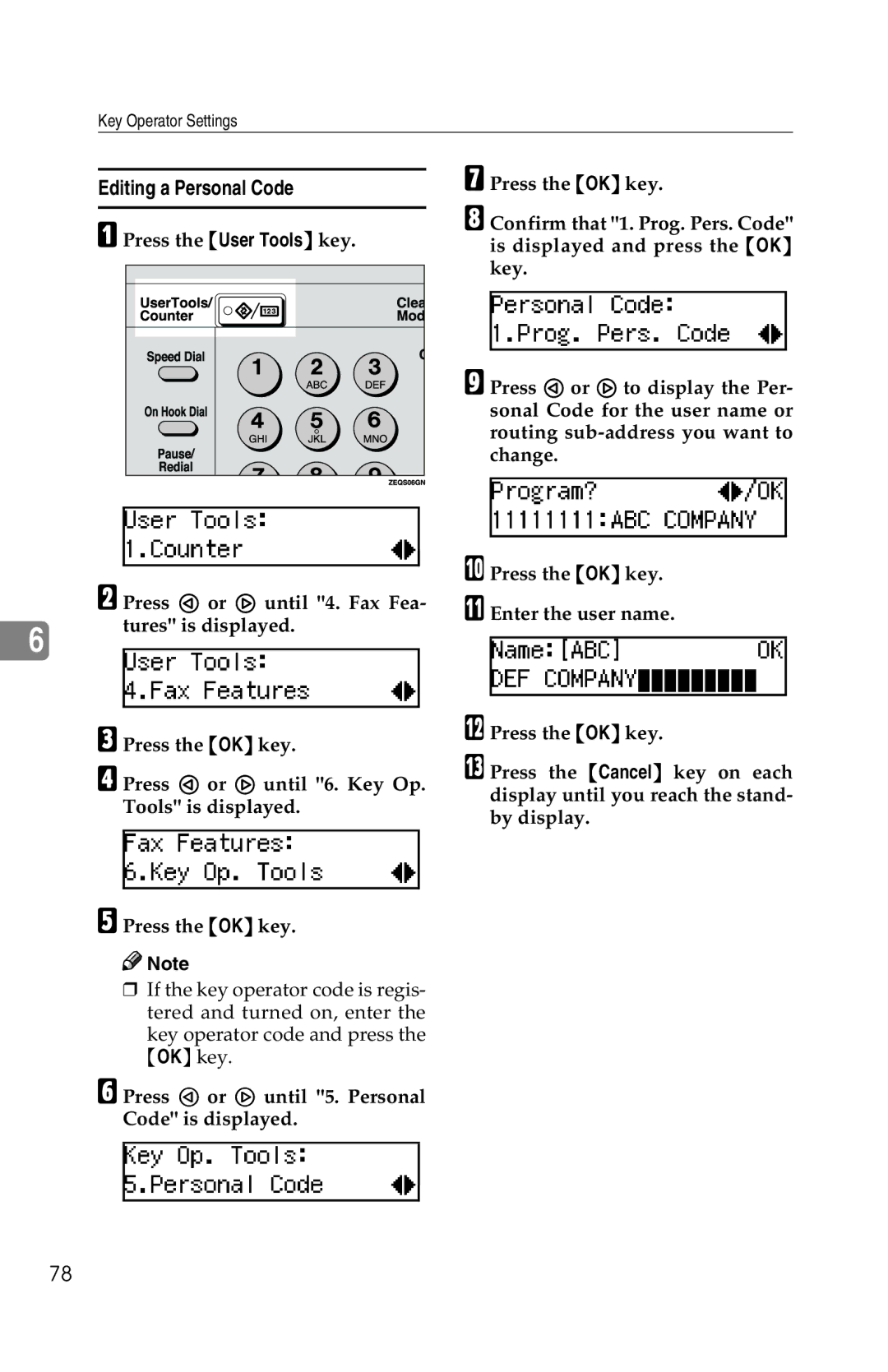 Savin 1018 manual Editing a Personal Code 