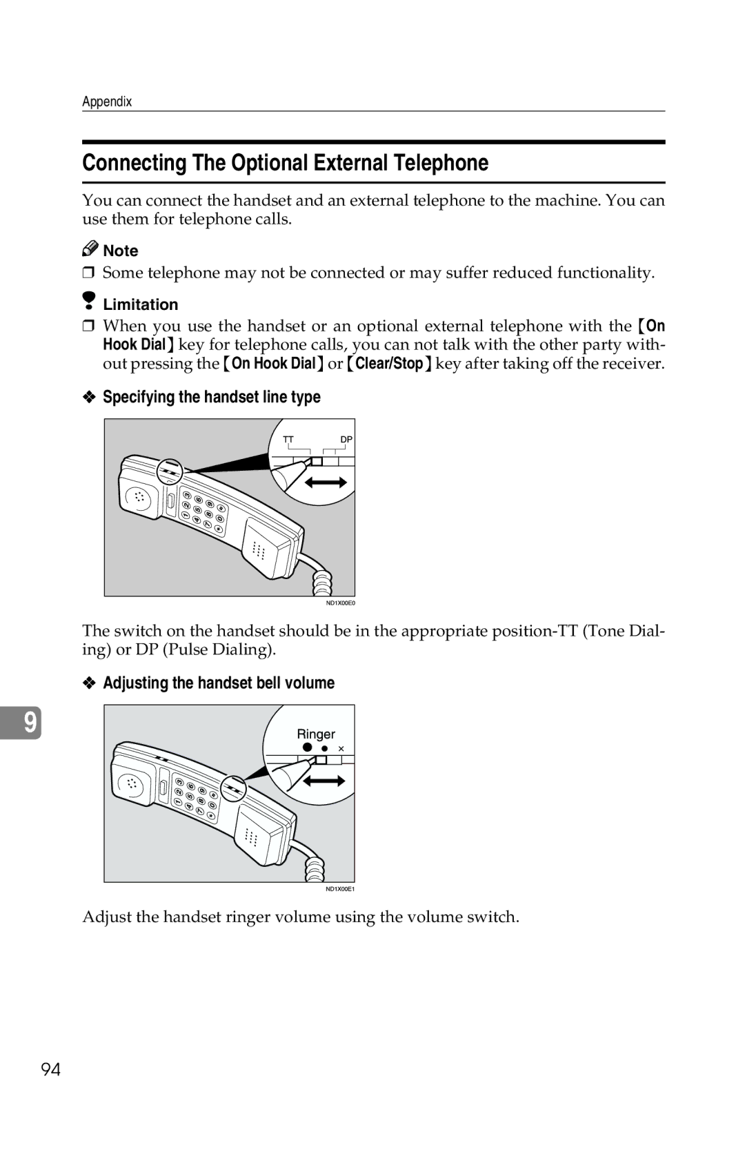 Savin 1018 Connecting The Optional External Telephone, Specifying the handset line type, Adjusting the handset bell volume 