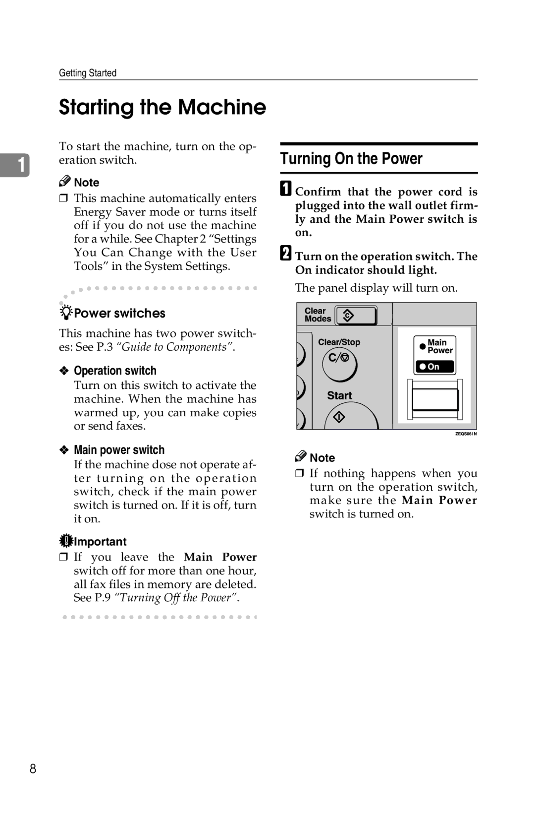 Savin 1018 manual Starting the Machine, Turning On the Power, Operation switch, Main power switch 