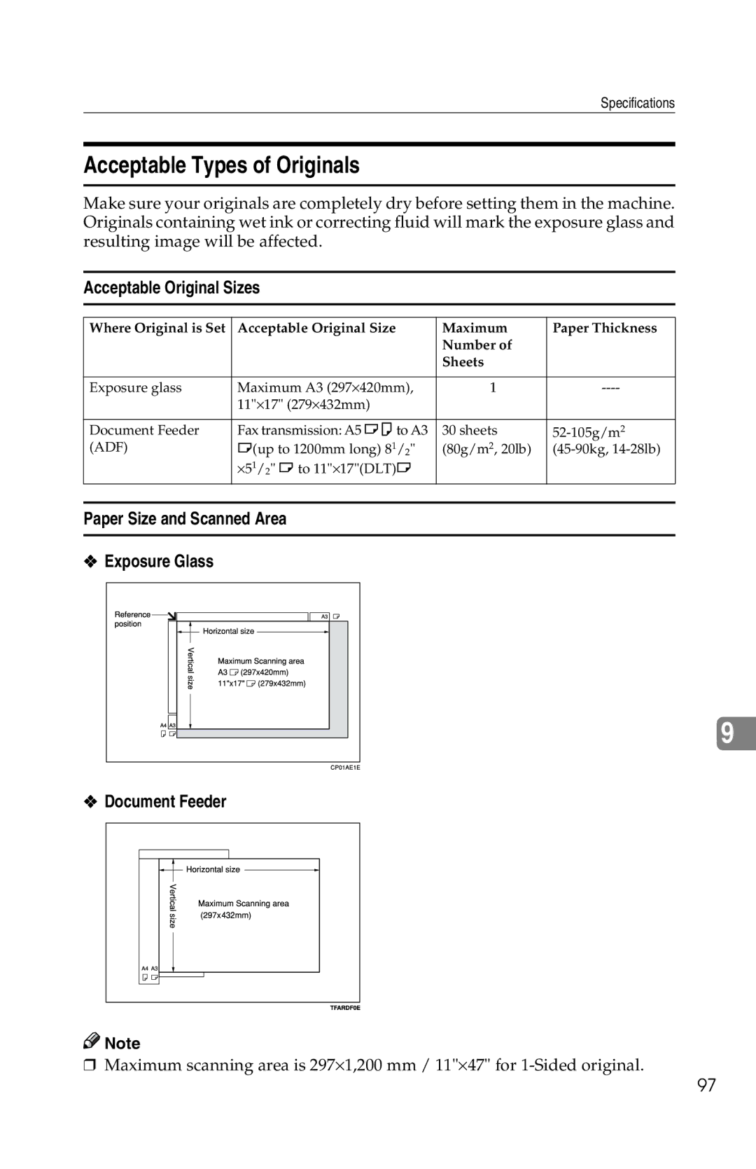 Savin 1018 manual Acceptable Types of Originals, Acceptable Original Sizes 