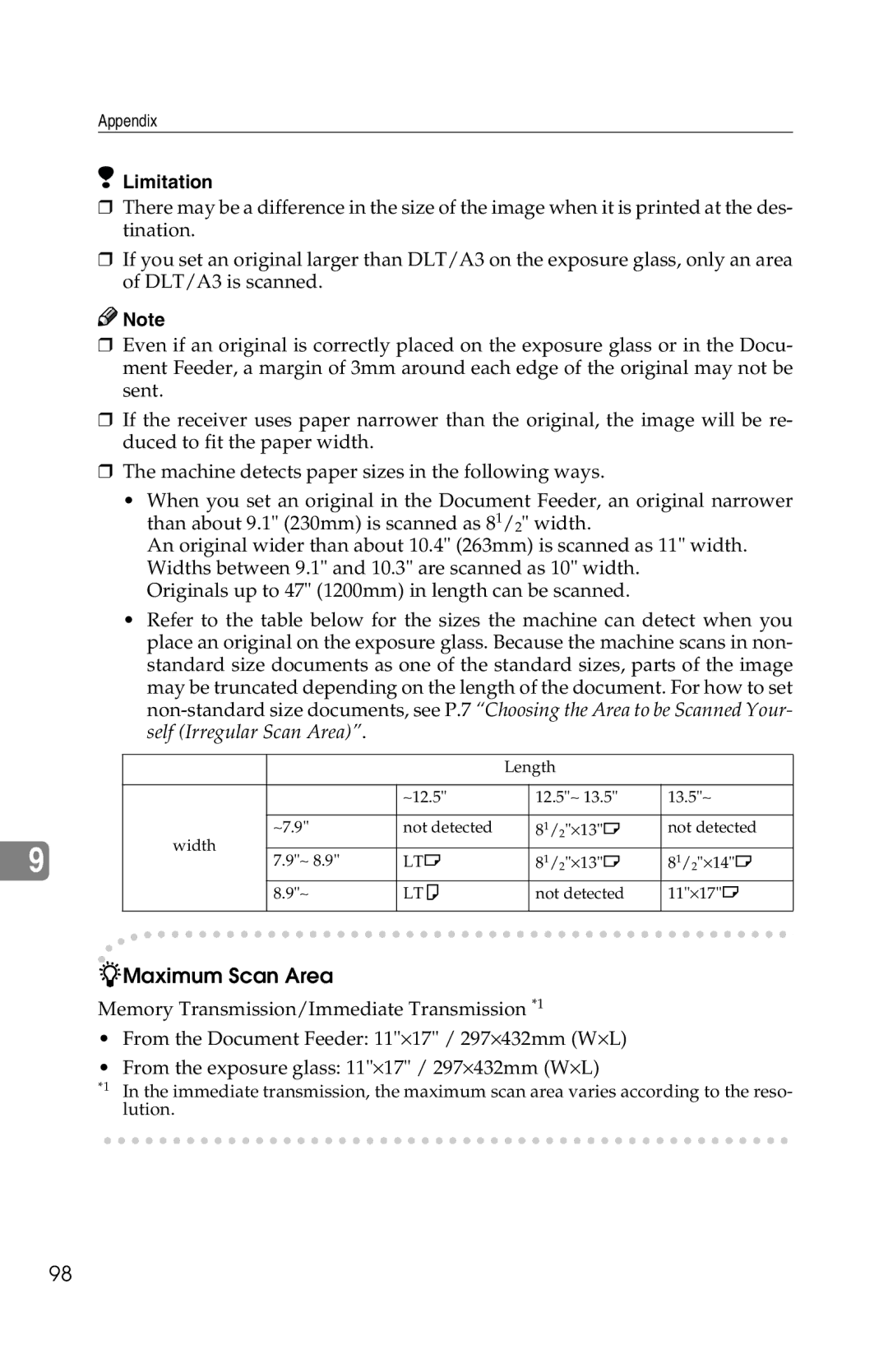 Savin 1018 manual Maximum Scan Area 