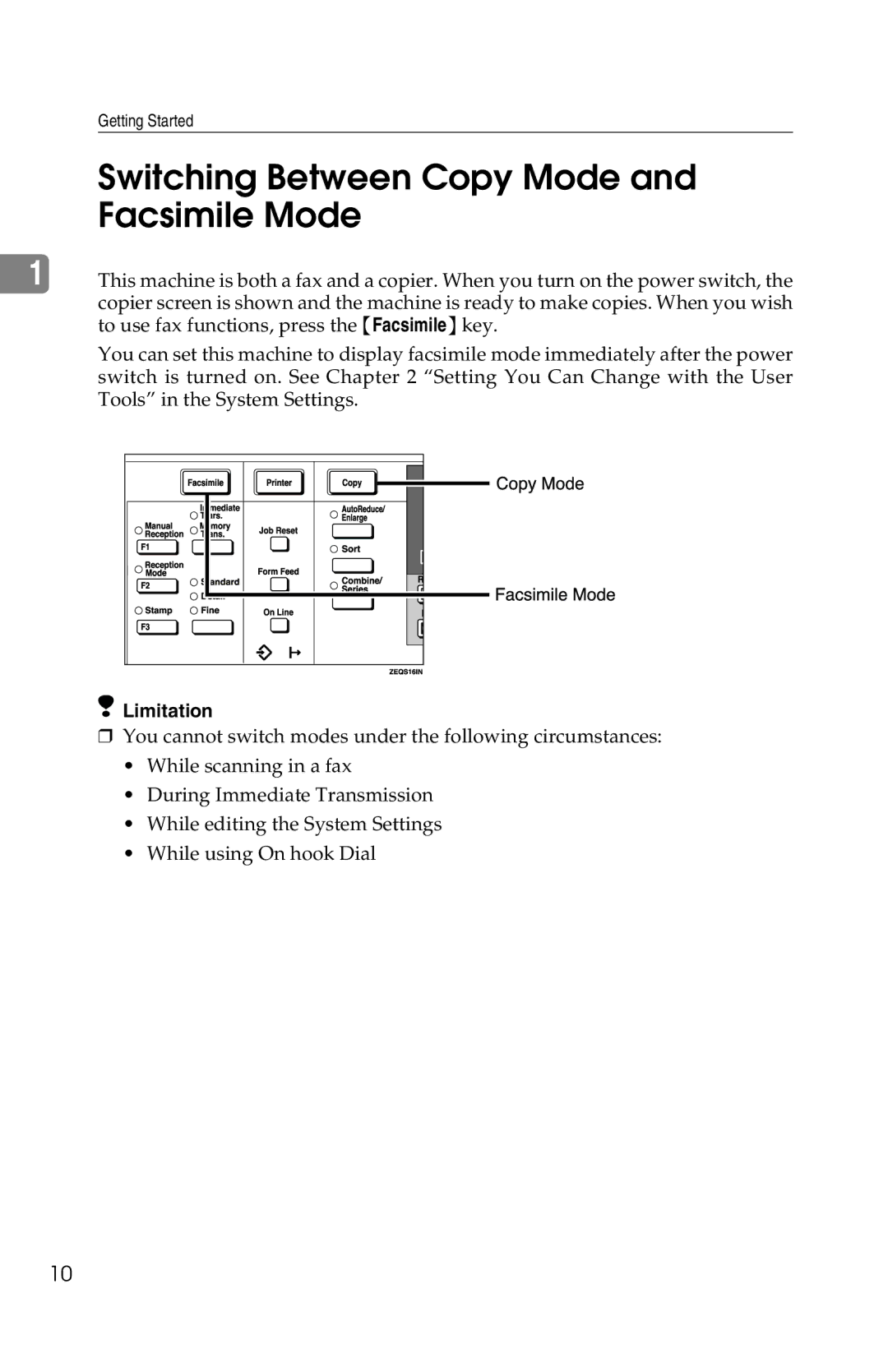 Savin 1018 manual Switching Between Copy Mode and Facsimile Mode 