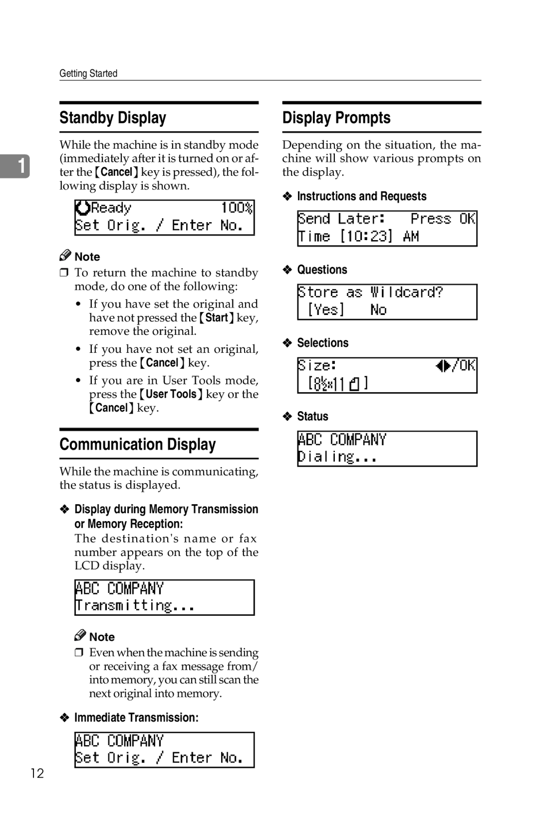 Savin 1018 Standby Display Display Prompts, Communication Display, Instructions and Requests Questions Selections Status 