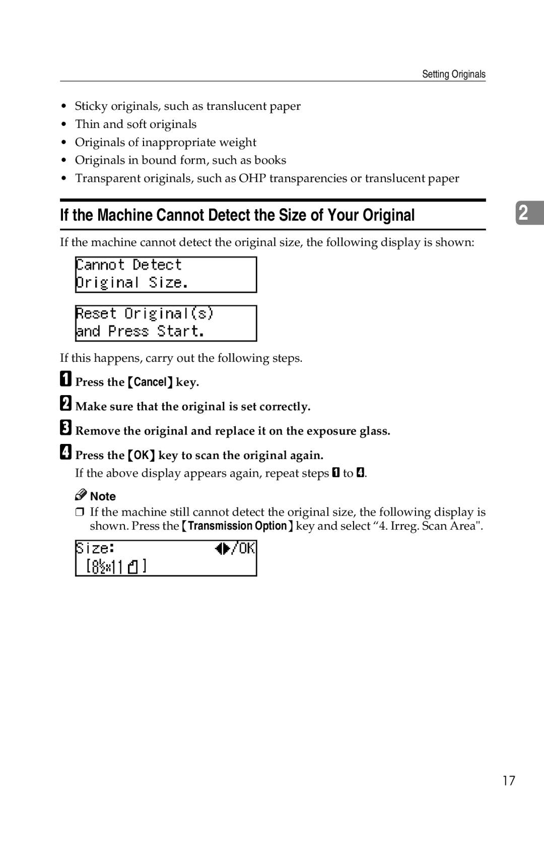 Savin 1018 manual If the Machine Cannot Detect the Size of Your Original 