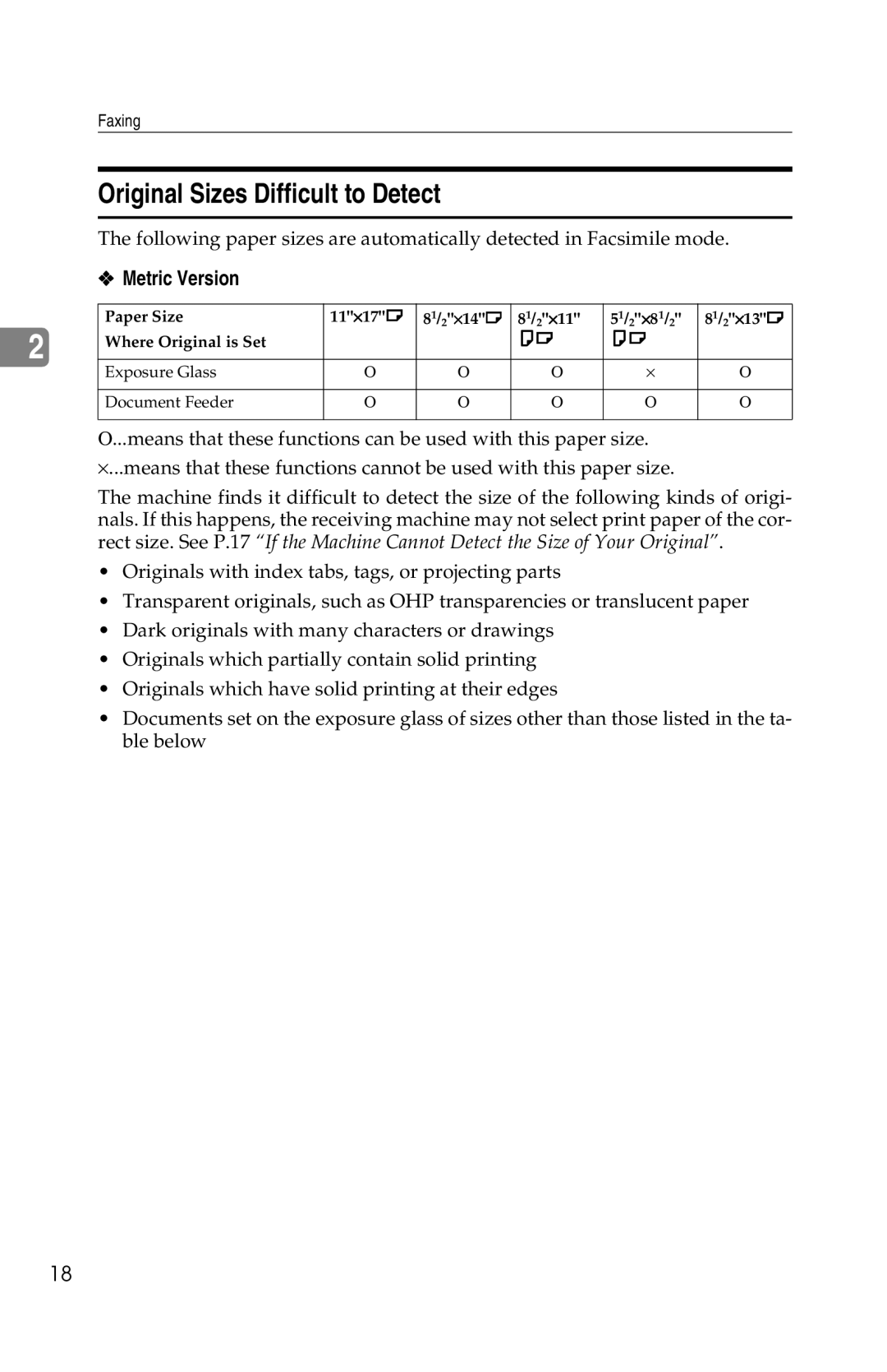 Savin 1018 manual Original Sizes Difficult to Detect, Metric Version 