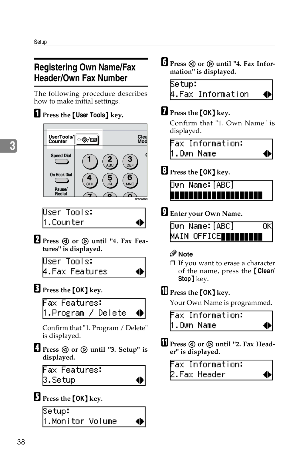 Savin 1018 manual Registering Own Name/Fax Header/Own Fax Number, Press the OK key Enter your Own Name 