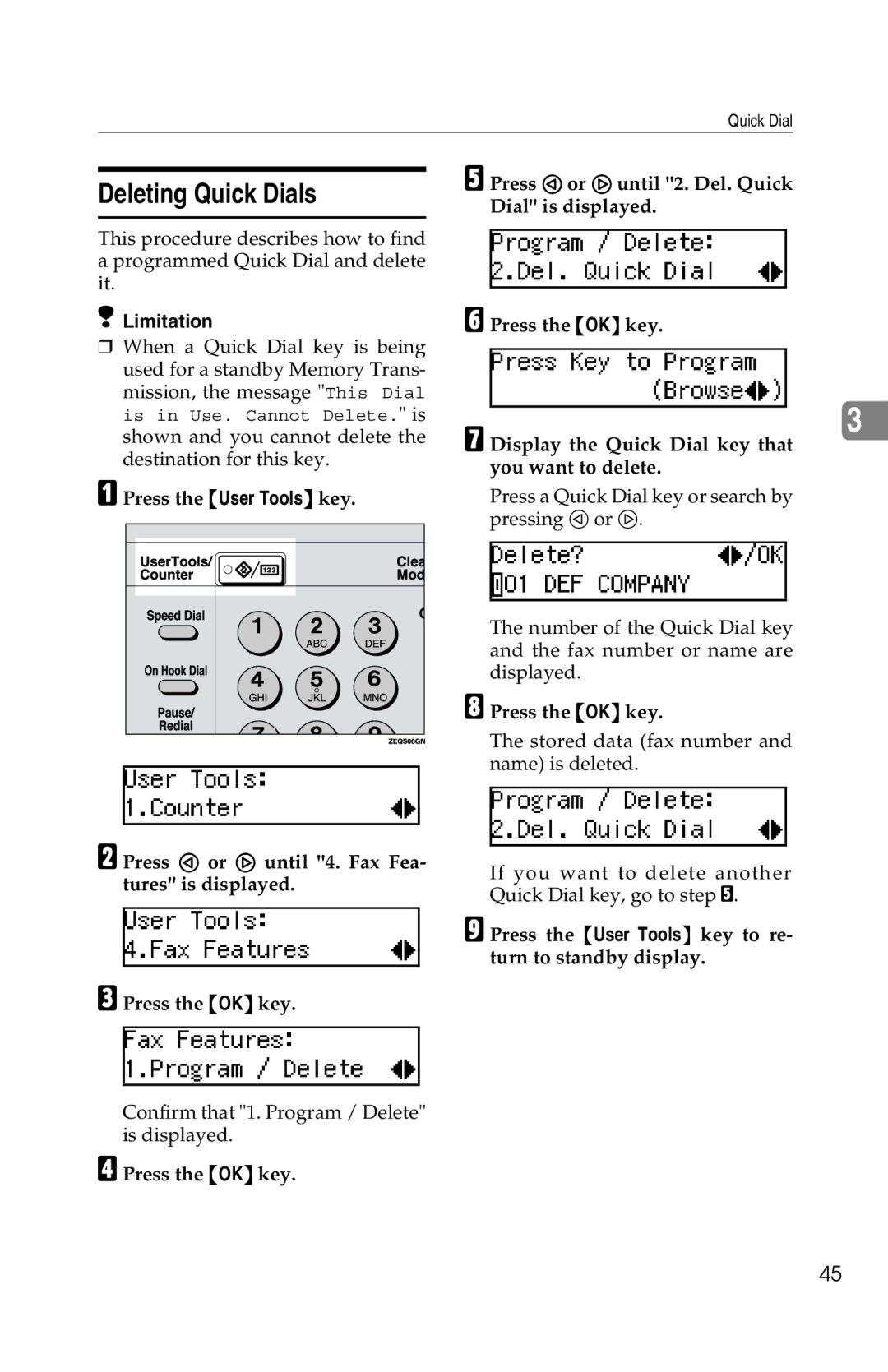 Savin 1018 manual Deleting Quick Dials, Press the OK key 