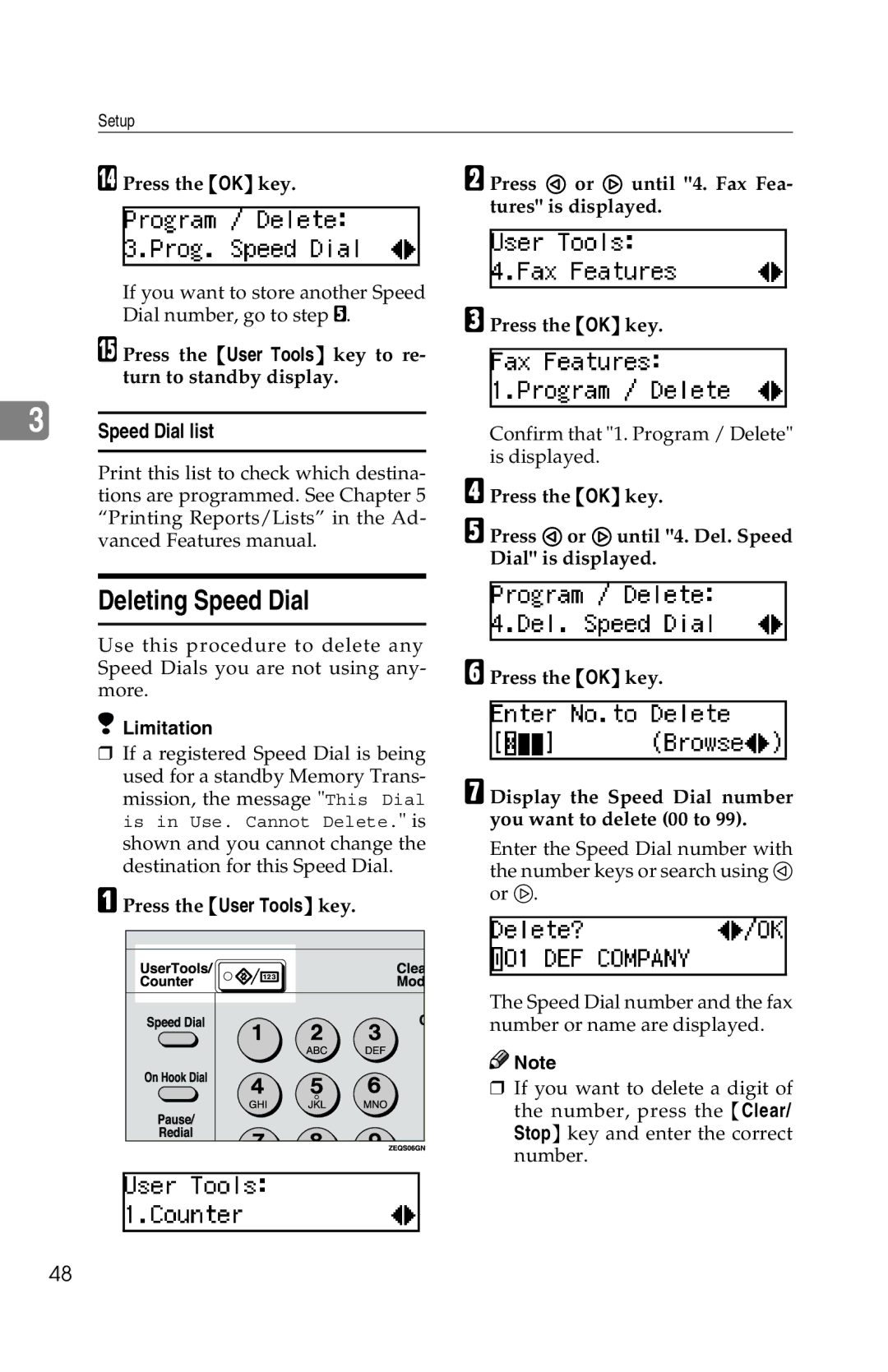 Savin 1018 manual Deleting Speed Dial, Speed Dial list 