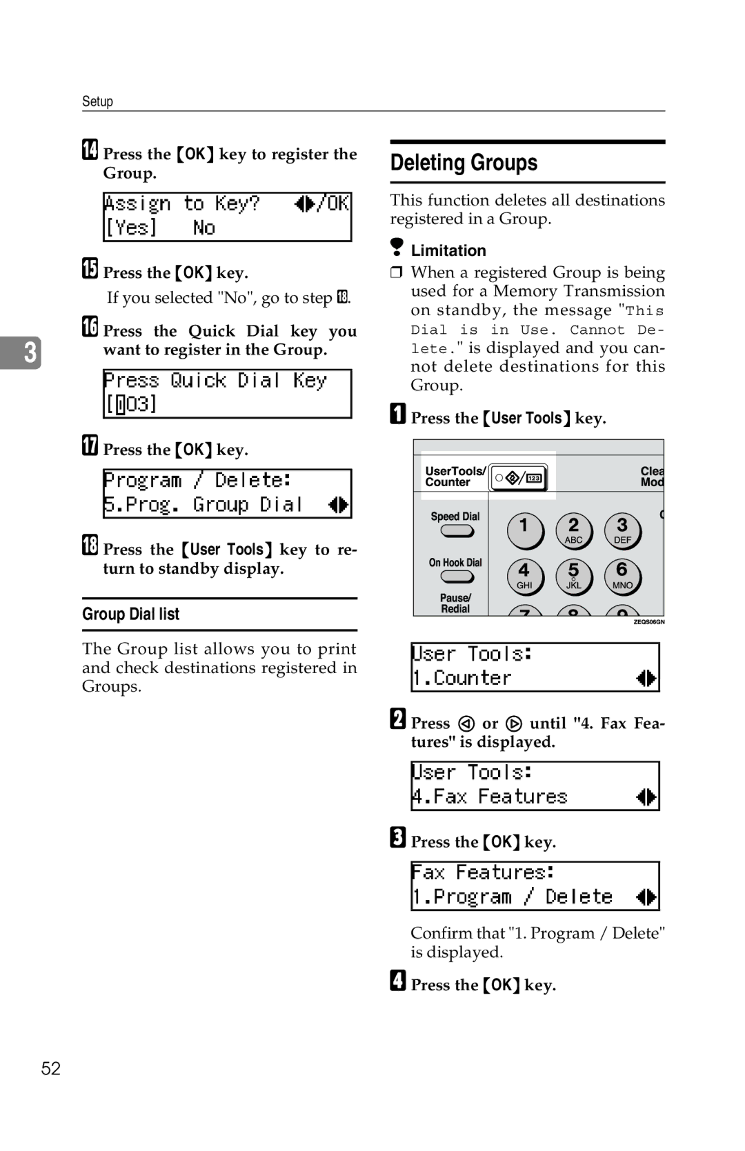 Savin 1018 manual Deleting Groups, Group Dial list 