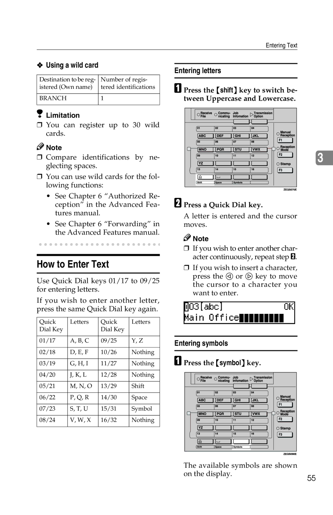 Savin 1018 manual How to Enter Text, Using a wild card, Entering letters, Entering symbols, Press the symbol key 