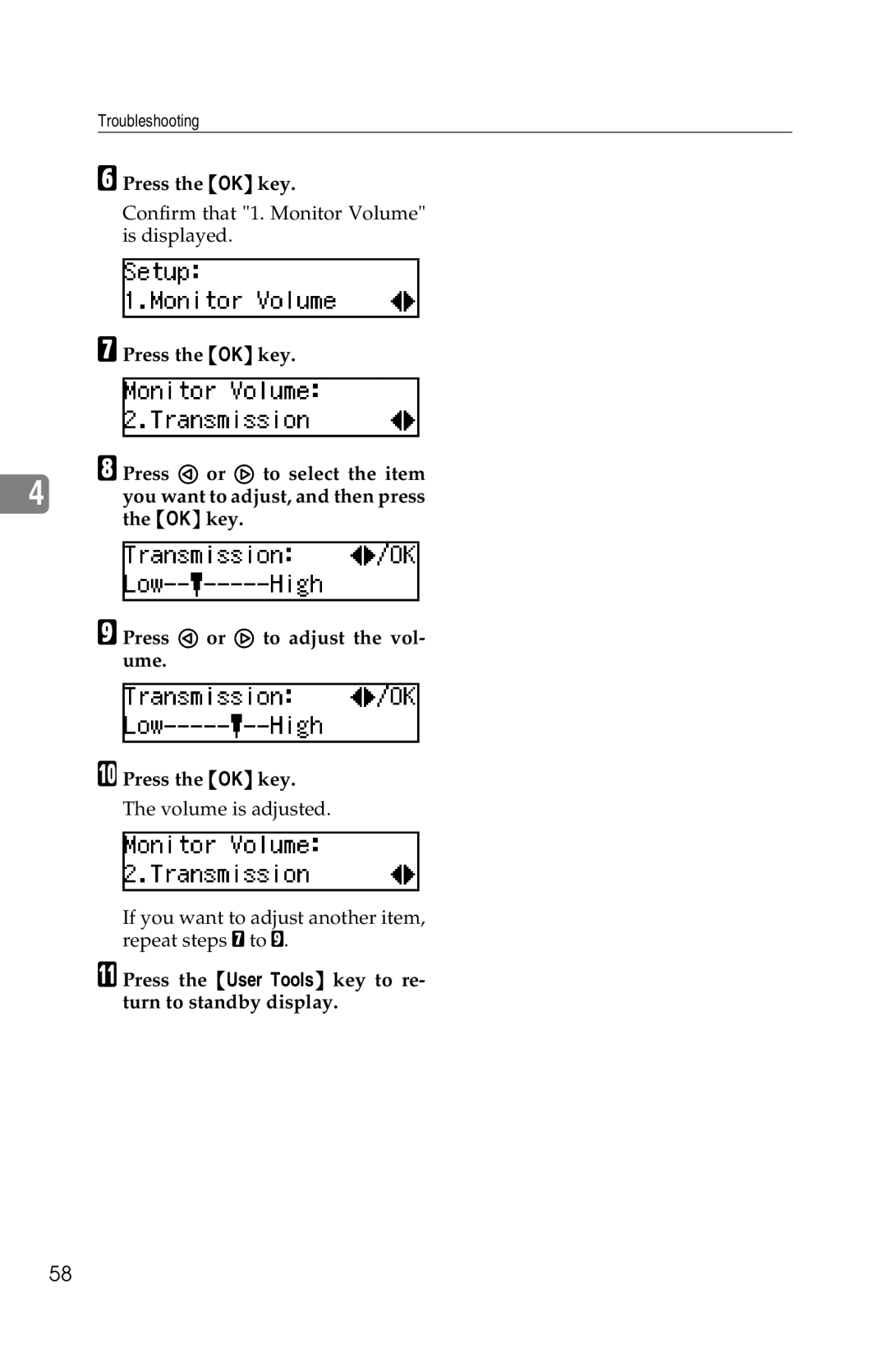 Savin 1018 manual Confirm that 1. Monitor Volume is displayed 