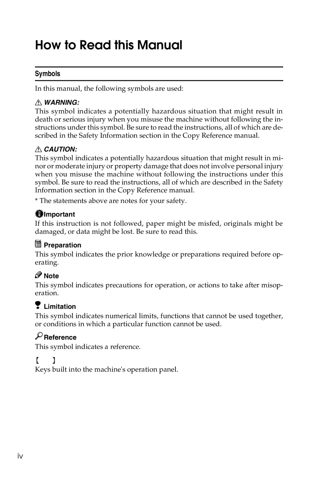 Savin 1018 manual How to Read this Manual, Symbols 