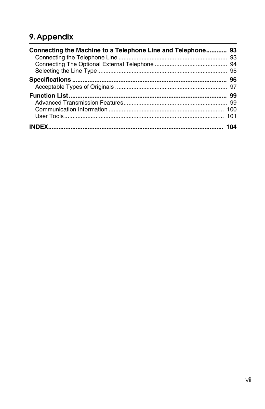 Savin 1018 manual Connecting the Machine to a Telephone Line and Telephone, Function List, 104 