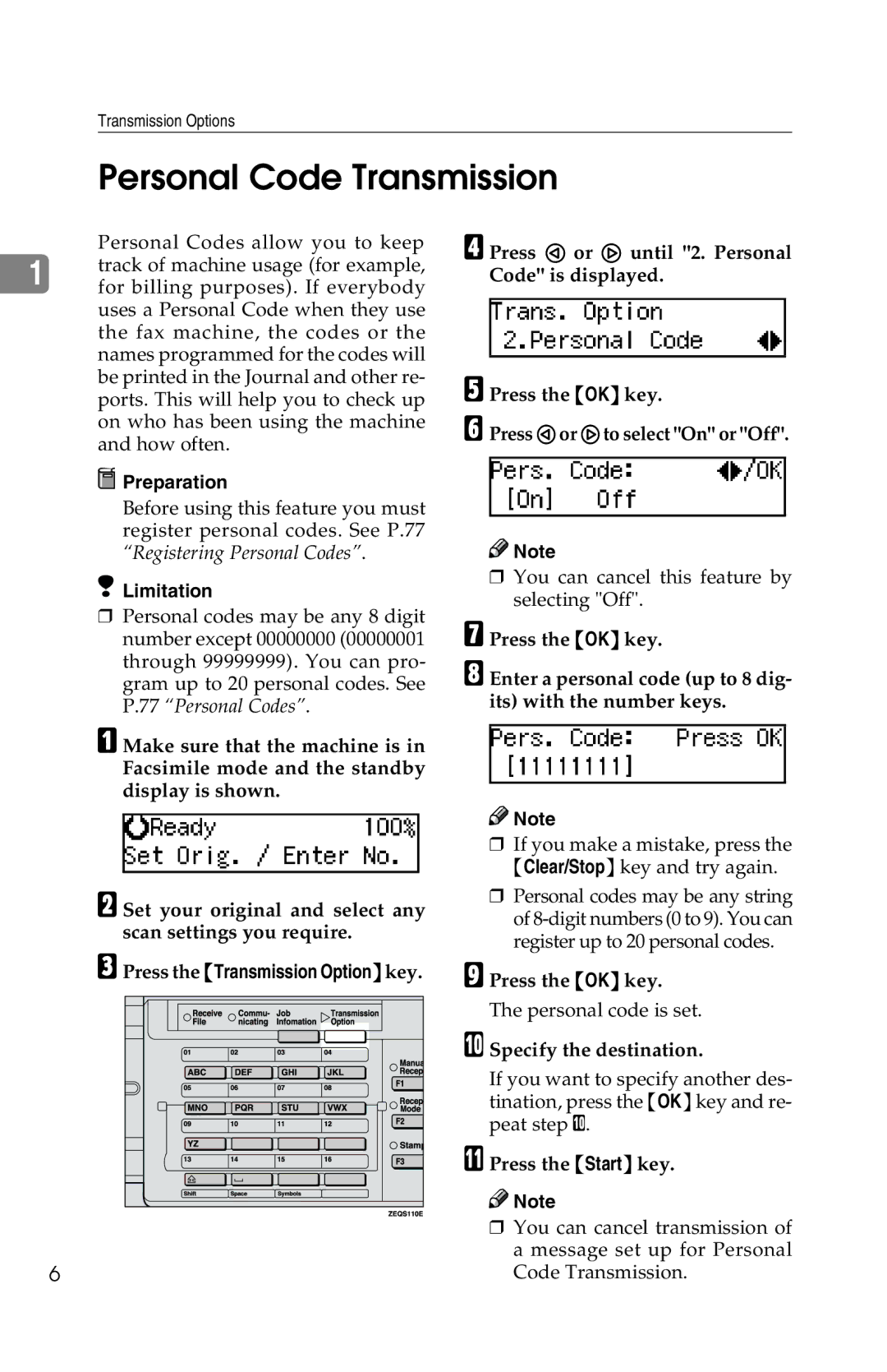 Savin 1018 manual Personal Code Transmission 