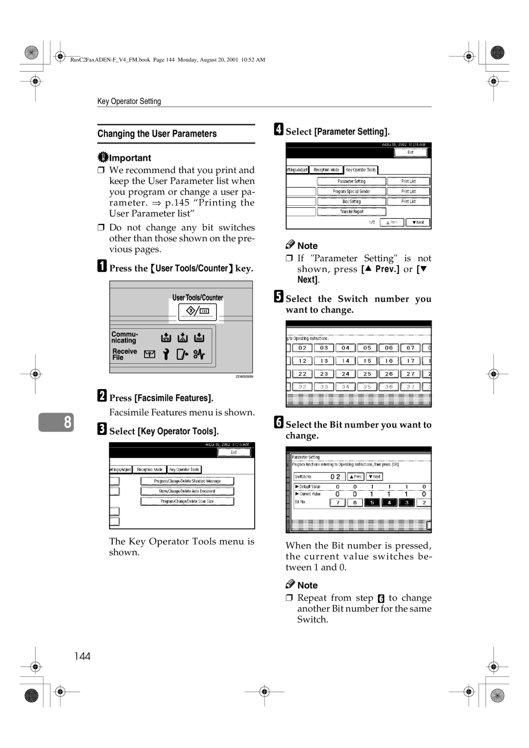 Savin 1027 manual Changing the User Parameters, 144, Select Key Operator Tools Select Parameter Setting 