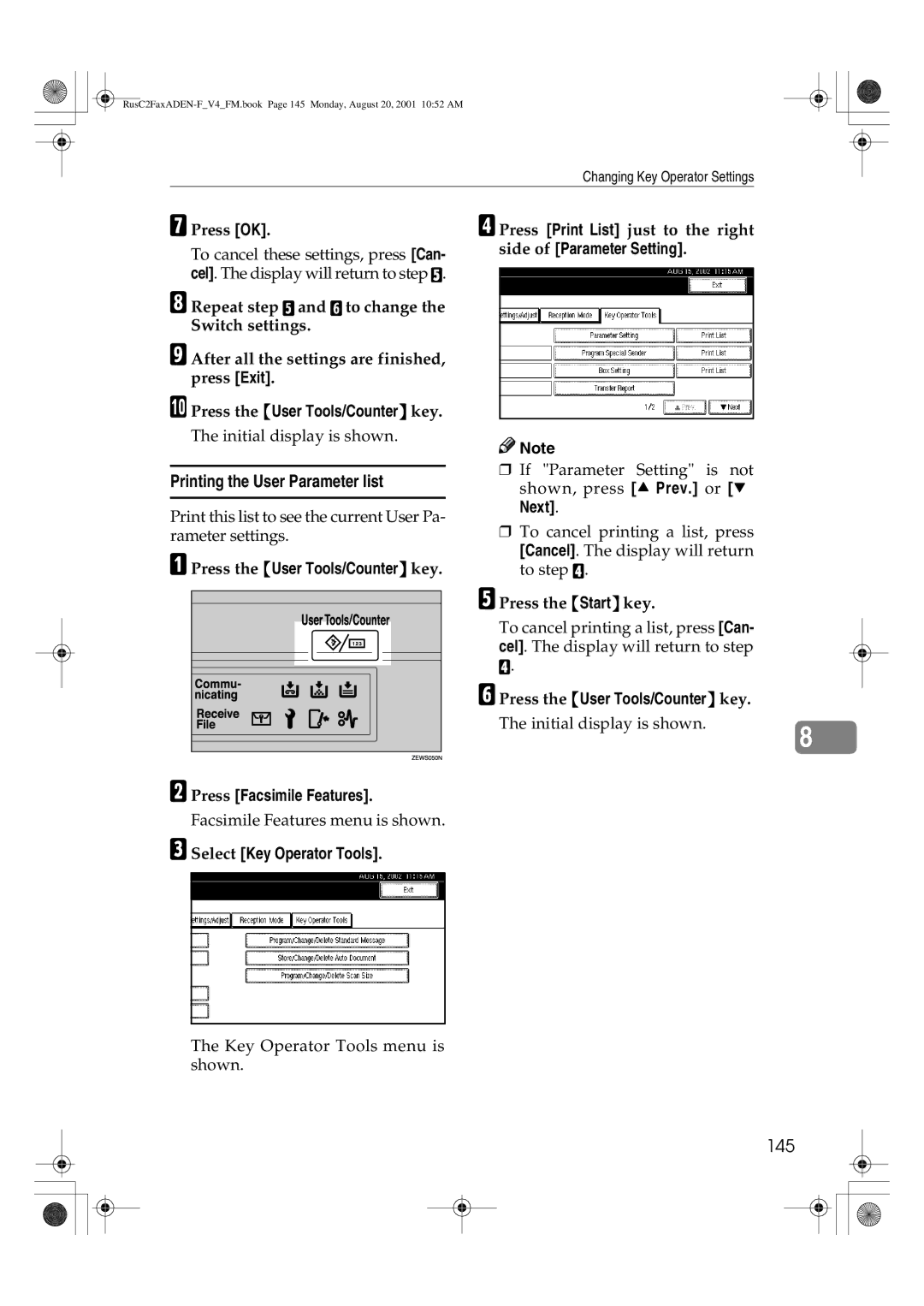 Savin 1027 manual Printing the User Parameter list, 145, Press the Start key 