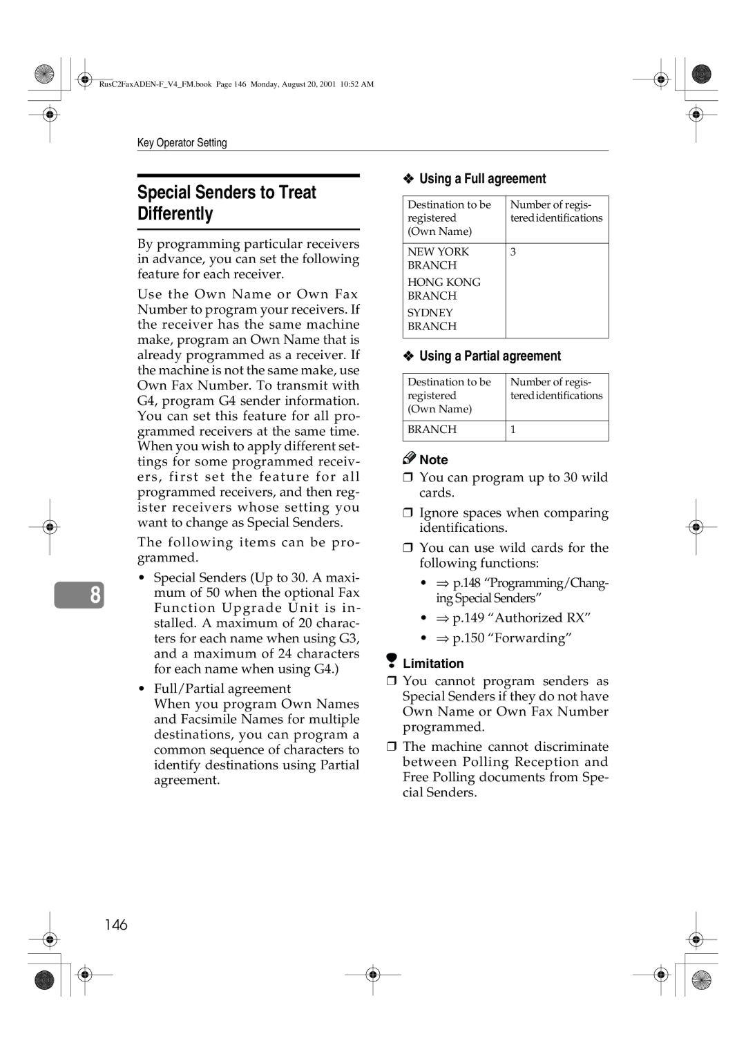 Savin 1027 manual Special Senders to Treat Differently, 146, Using a Full agreement, Using a Partial agreement 